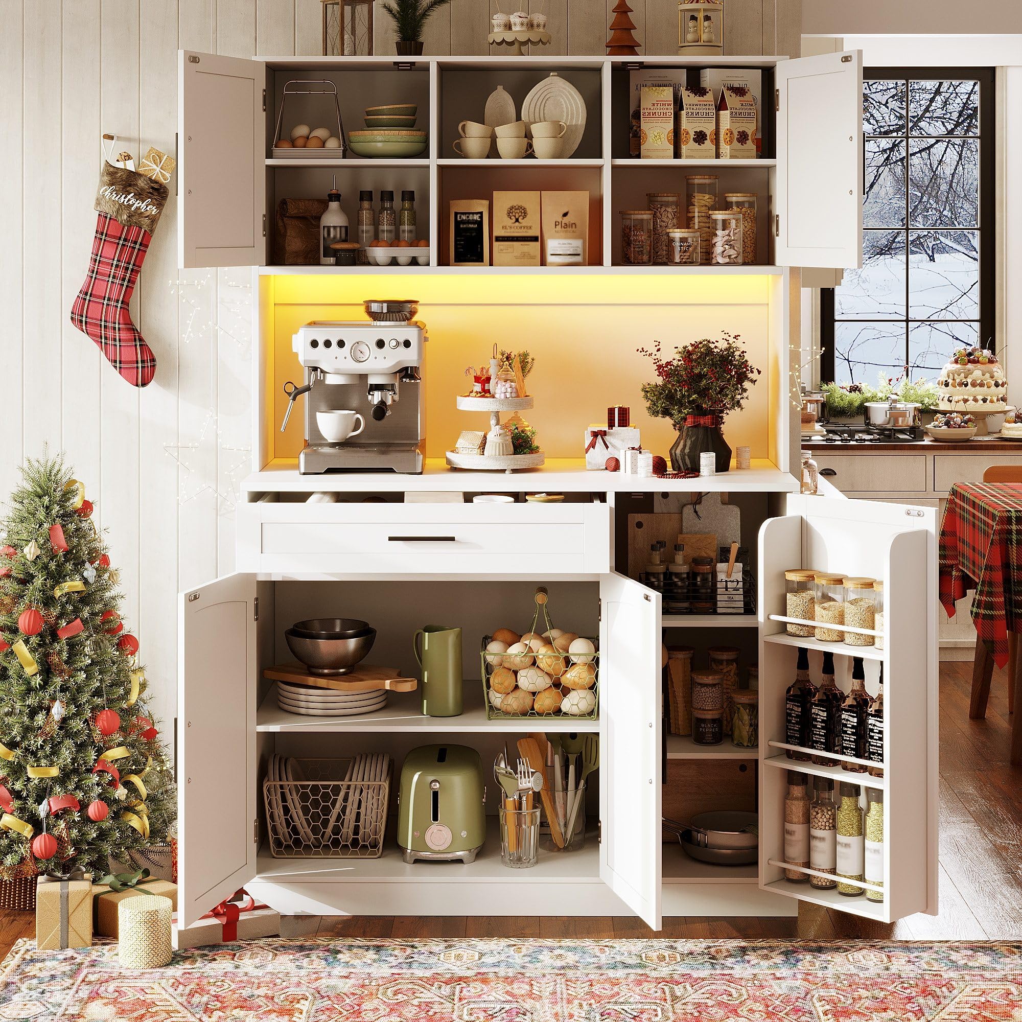 Seitenschrank, Aufbewahrungsschrank, Küchenschrank, 110x38x180 cm, Landhausstil, fünf Türen, mit LED-Leiste und Steckdose, Weiß