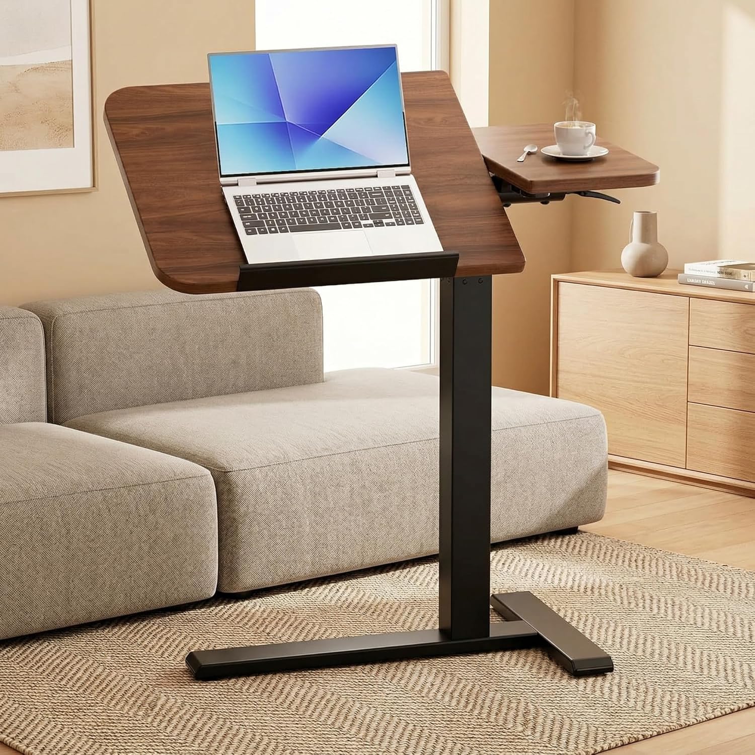 COMHOMA Tiltable Mobile Small Standing Desk, Pneumatic Adjustable Height Overbed Bedside Table with Wheels, Sit Stand Portable Rolling Laptop Desk Computer Workstations, Walnut