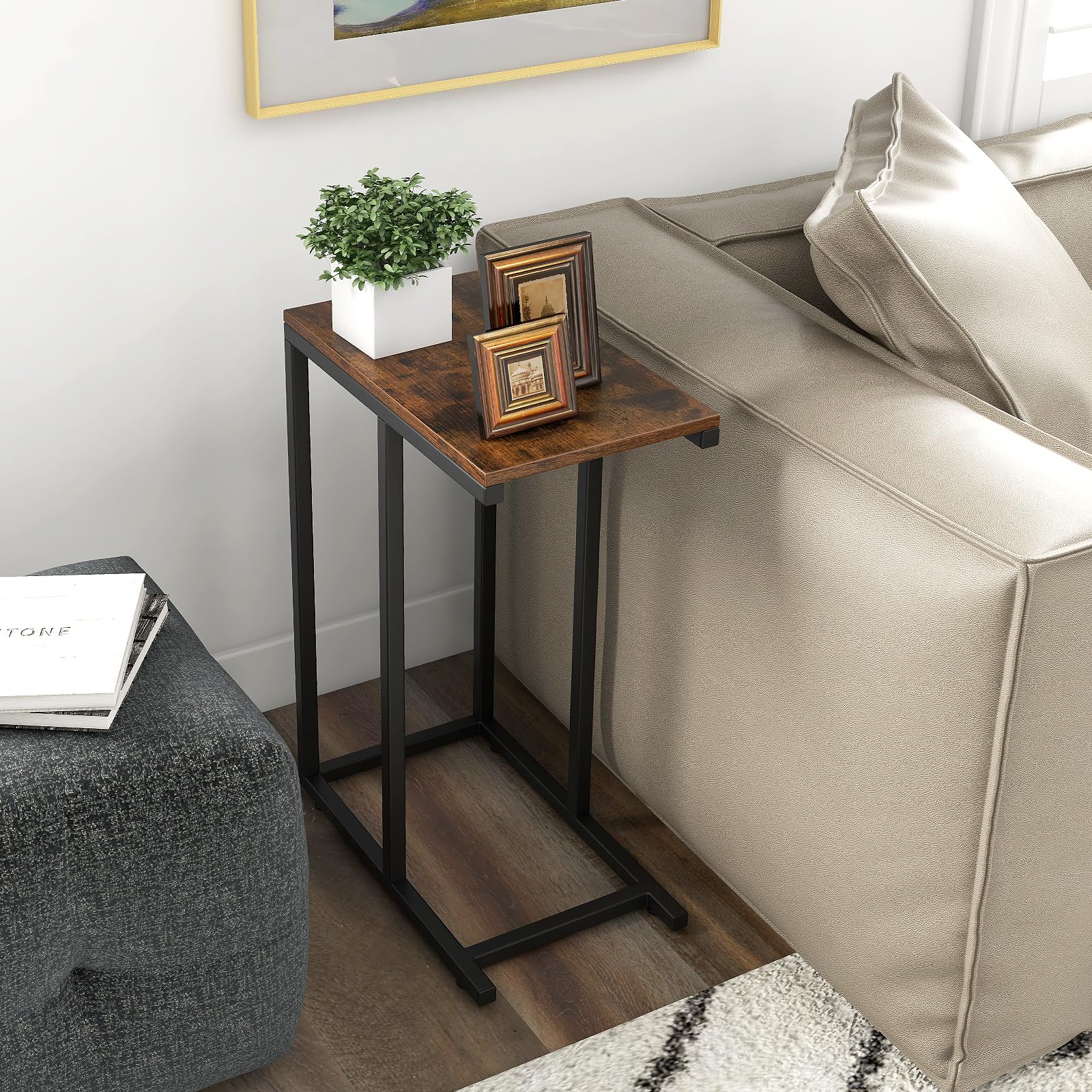 Tavolino A Forma Di C LIFEZEAL Marrone | Comodino Da Divano In Legno E Metallo 30x21x53 Cm