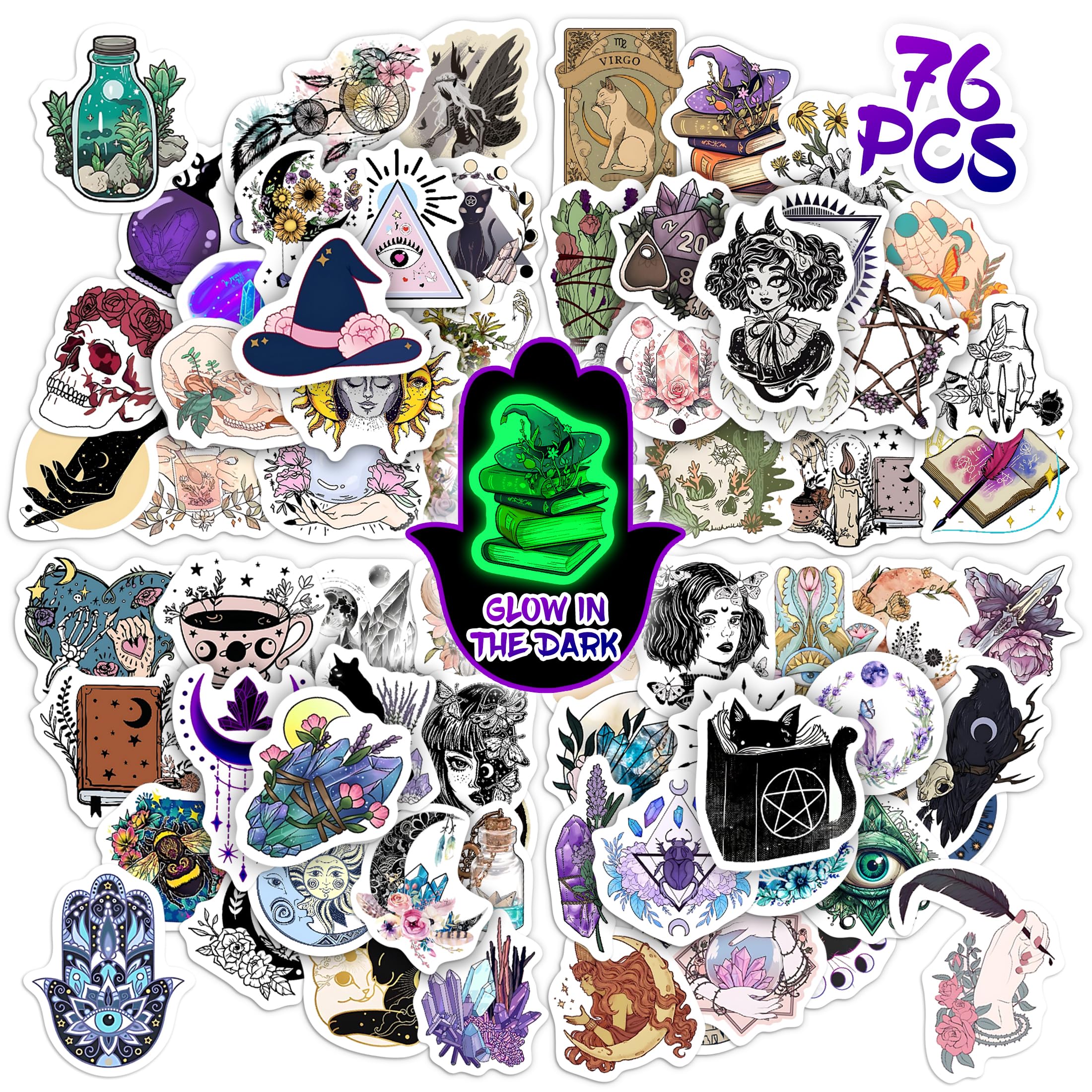 60 Pcs Glow in The Dark Magic Tarot Stickers for Water Bottle, Cool Gothic Witch Aesthetic Laptop Decals, Kids Adults Women Waterproof Vinyl Sticker, Skateboard Scrapbook Luggage Phone Case Decor