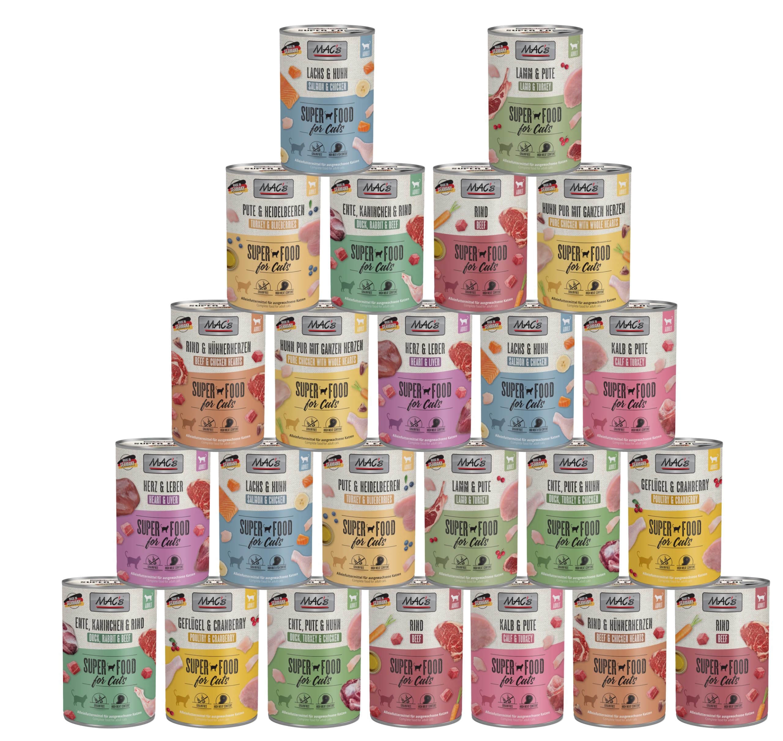 Mac's Cat 24 x 400g Mixpaket | Garantierter 8-Sorten-Mix | Getreidefreies Premium-Nassfutter für Katzen | Ideale Kombination aus hochwertigen Zutaten