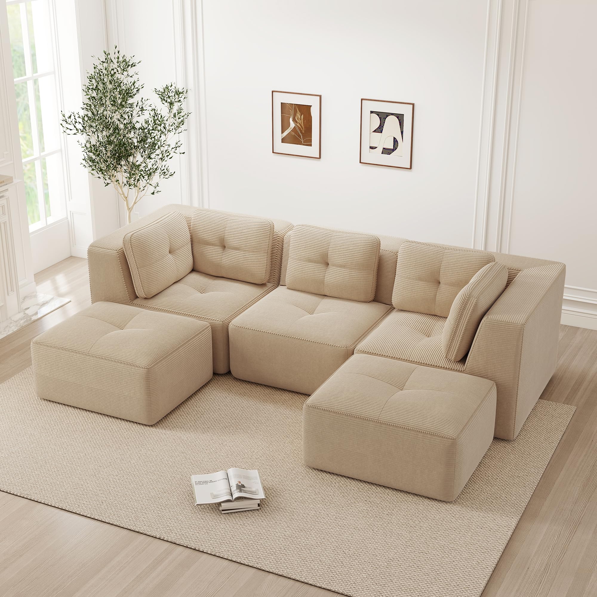 Bladez Sofá modular en forma de U, sofá de 3 plazas moderno de cordón con reposapiés, sofá de asiento profundo sin costuras sin montaje, sofá comprimido, para sala de estar (Beige, 3 plazas+2)