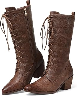 Women's Black Mid Calf Boots Lace Up Chunky Heel Vintage Combat Heeled D...