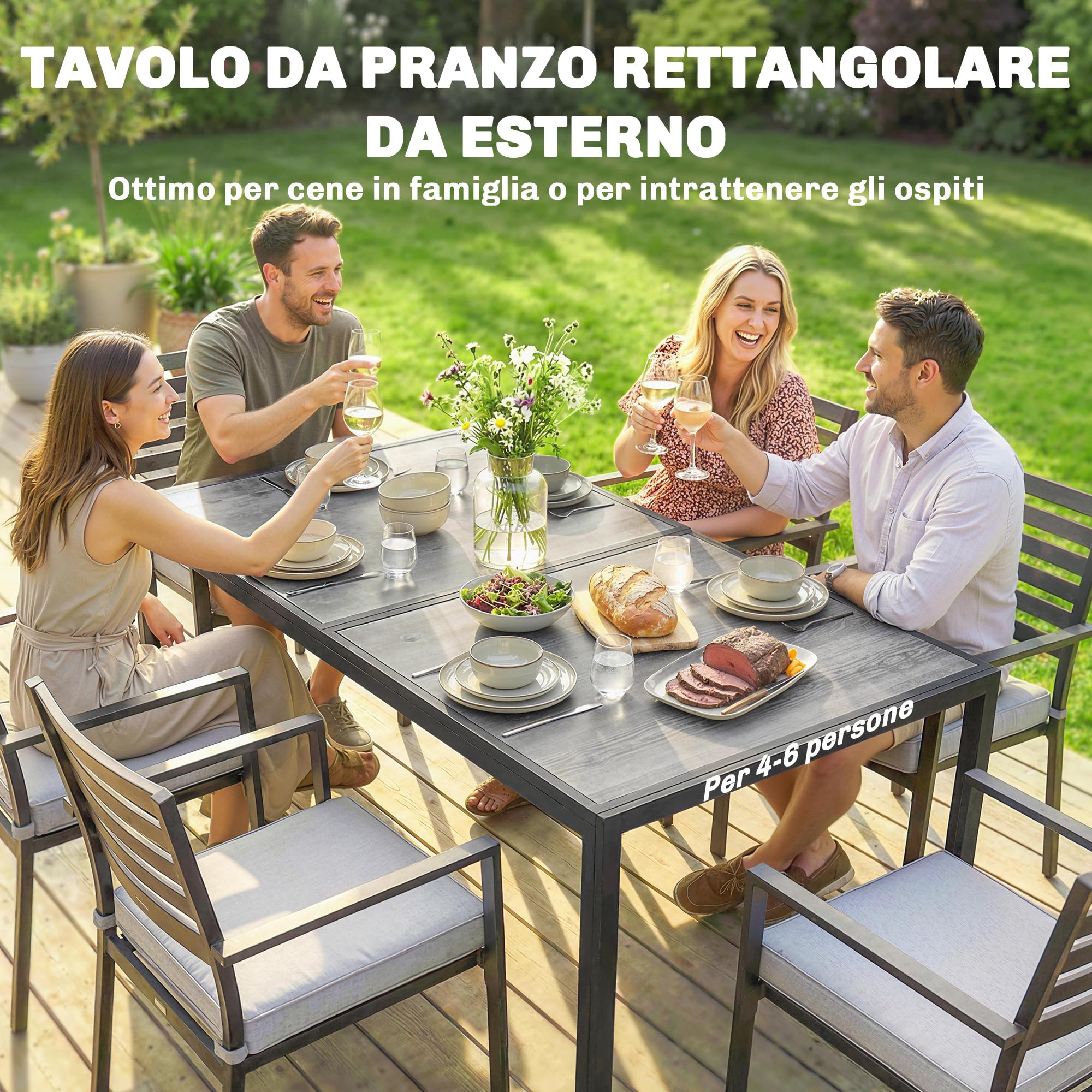 Outsunny Tavolo da Giardino con Piano Effetto Legno in Plastica 150x80 cm per 6 Persone, Tavola da Pranzo da Esterno Rettangolare, Gambe in Acciaio, per Patio, Terrazzo, Balcone, Grigio