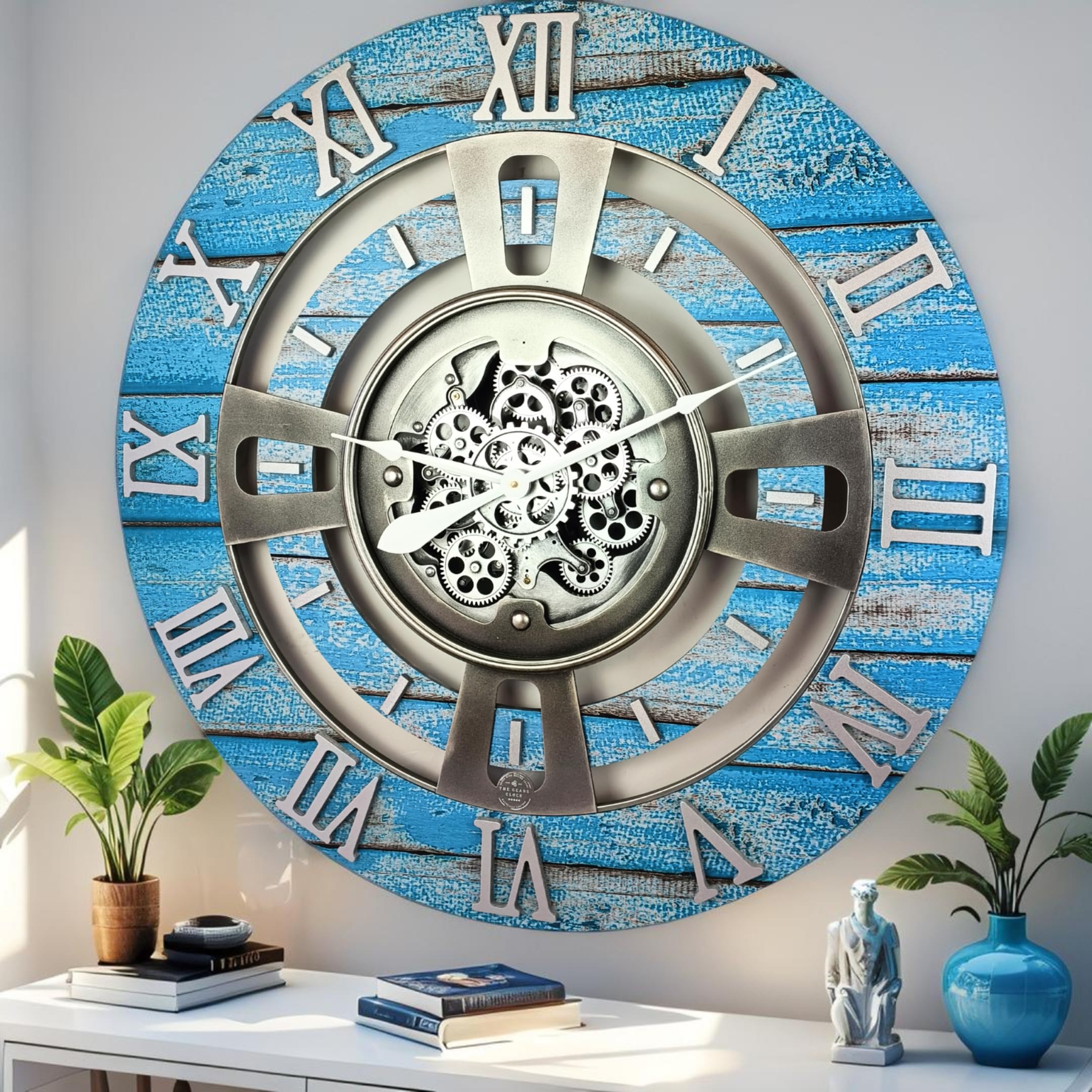 ImprovingLife The Gears Clock Real Moving Gear Wall Clock England Line (Ocean Blue, 24 inches (60 cm))