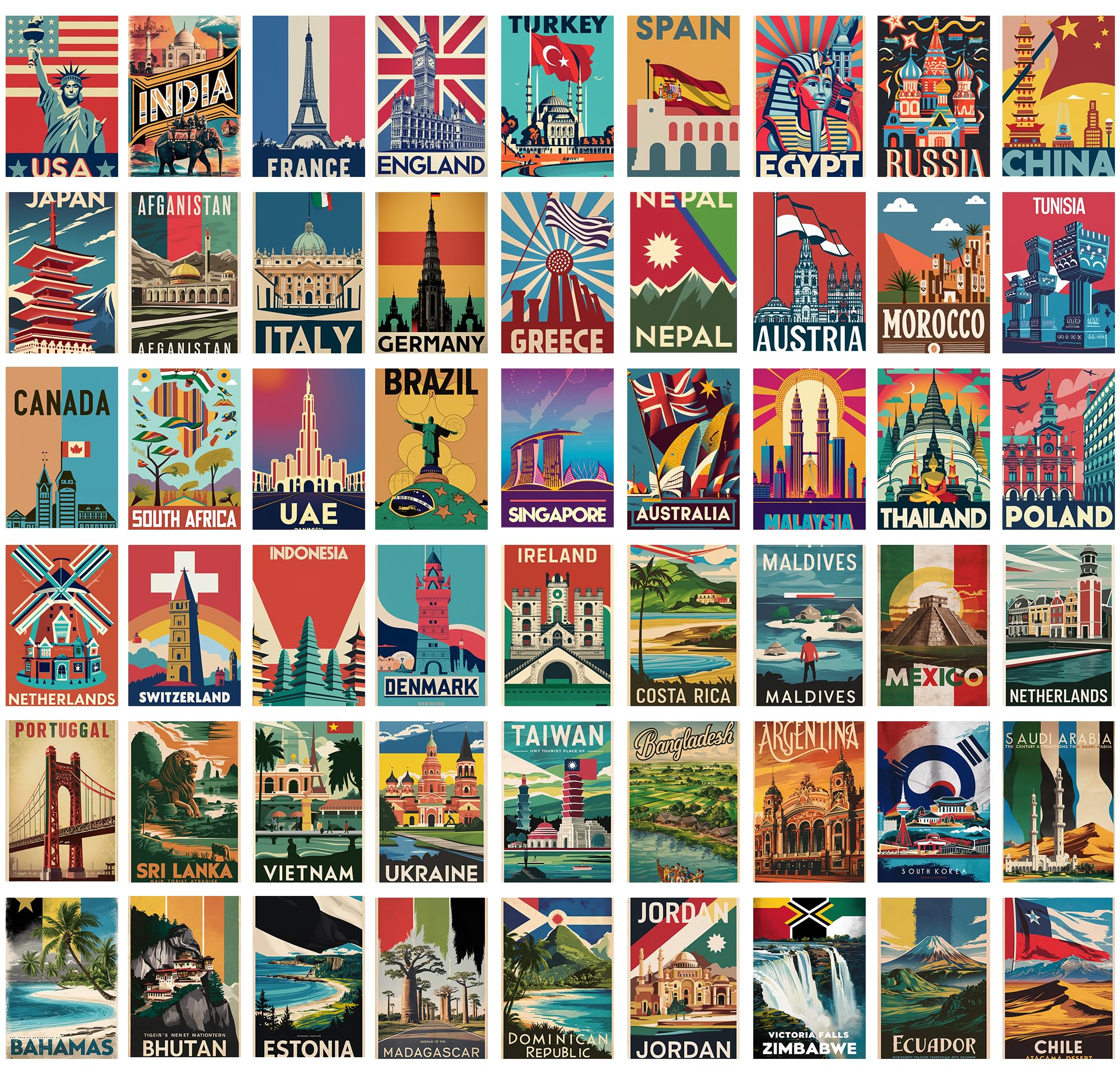 Travel Posters for Wall Set of 54 6x4 Inch - Travel Aesthetic Wall Collage Kit - Vintage Posters - Retro World Country City Town Place Adventure Monuments stickers for Wall - Gifts Men Women Boy Girl