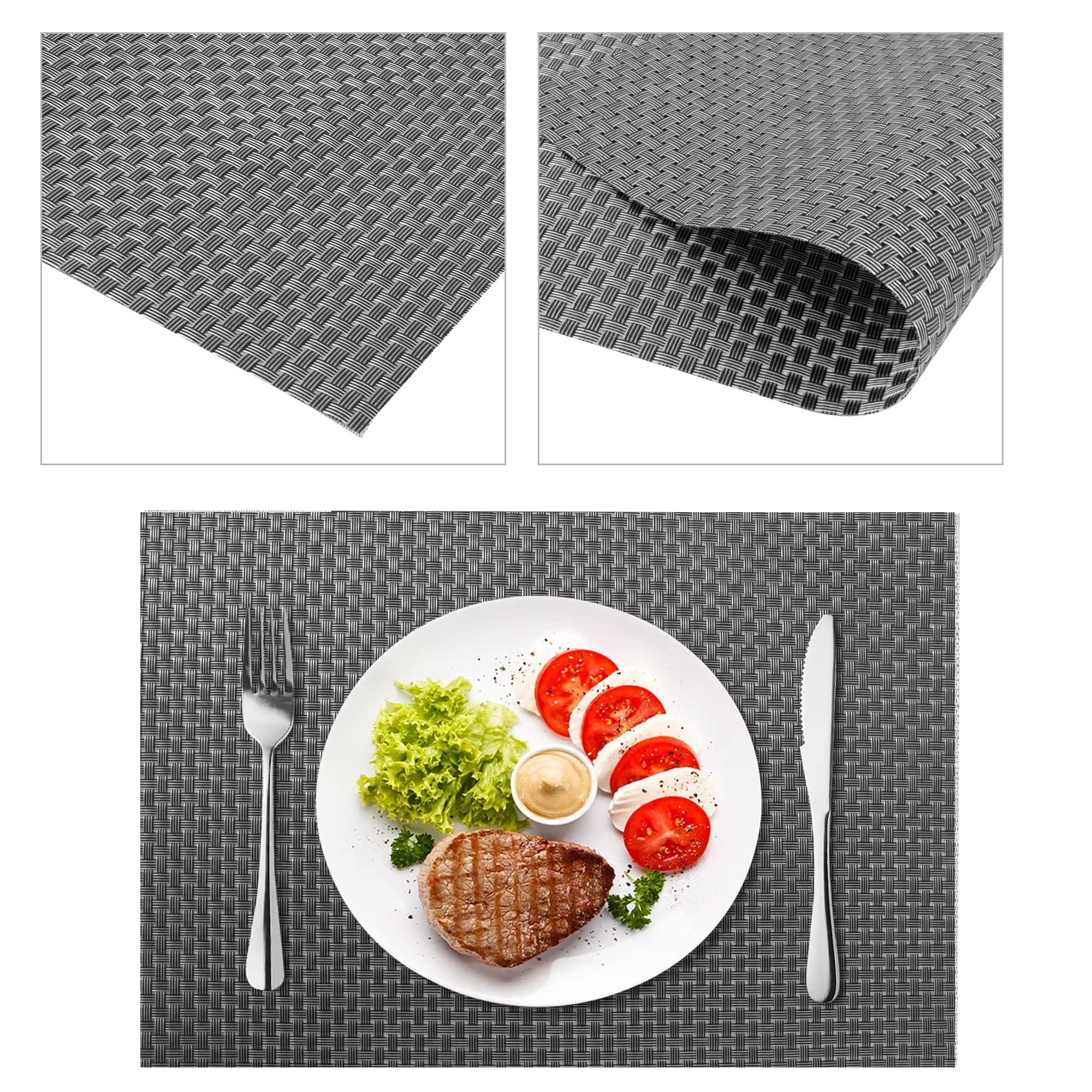 Time to Sparkle Set of 12 PCS Vinyl Woven 6pcs Placemats + 6pcs Coasters Place Mats Non slip Table Mats Waterproof Heat-resistant Dining Table Mats Decor (Dark grey) - Image 2