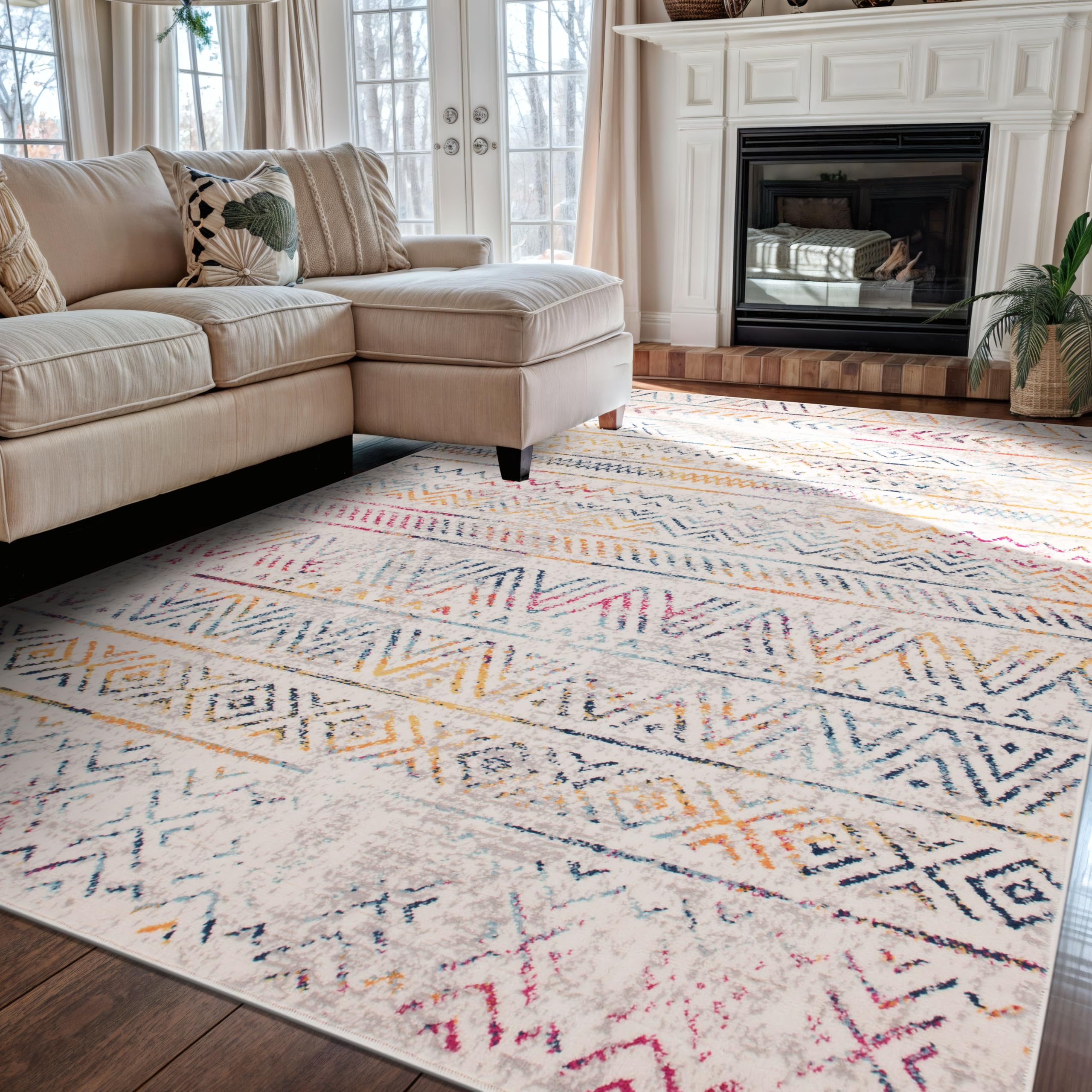 Rugshop Geometric Boho Area Rug – Multi Tribal Pattern, Perfect for Living Room, Bedroom, Dining Room, 5x7
