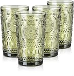 Joeyan 300ml Green Vintage Glass Wine Goblet, Romantic Sunflower Embossed Drinking Glasses, Heavy Stemmed Wine Glasses for Christmas Party Wedding Table Decor, Set of 4, Dishwasher Safe