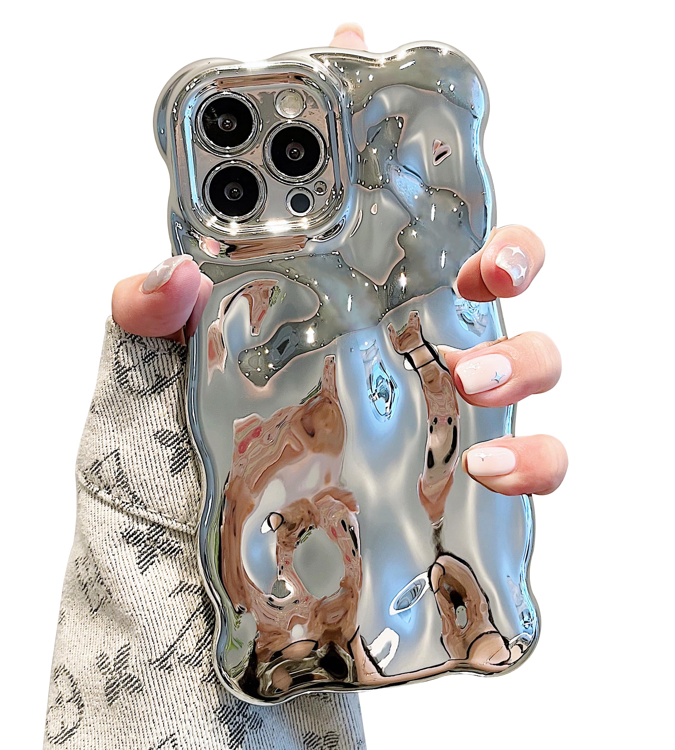 UEEBAI Case for iPhone 15 Pro Max 6.7 inch, Cute Solid Color Curly Wave Shape Shockproof Soft Bumper Phone Case, Candy Water Ripple 3D Silicon Slim Pretty Case Aesthetic Cover, Silver