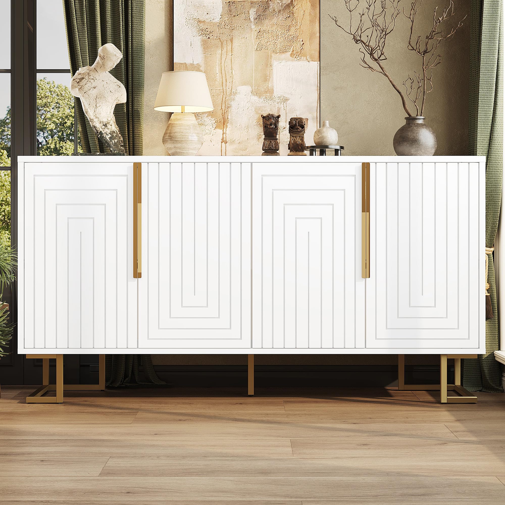 FammyLoft White Sideboard Cabinet with Storage, Modern Buffet Cabinet with Doors & Shelves, Geometric Design with Gold Handles & Legs, Space-saving Sideboard for Living Room, Dining Room