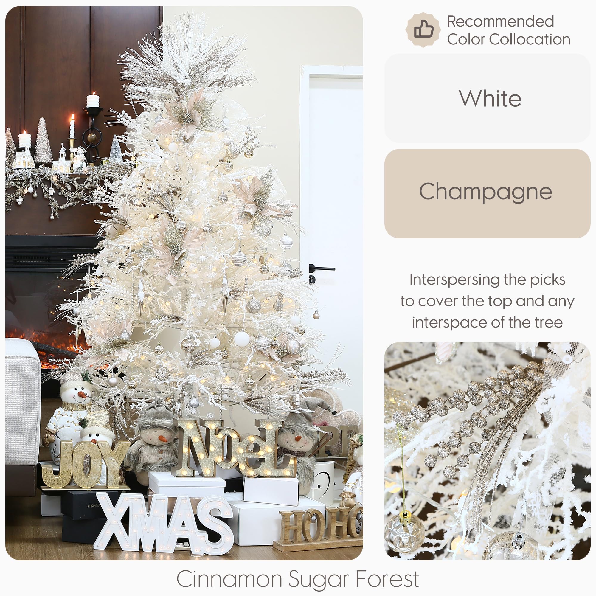 Sea Team 24-Pack Decorative Christmas Tree Branches, Fluffy Glittery Bead Twigs, Tree Toppers, Vase Fillers, Stems, Picks for Christmas Tree, Wreath, Garland, 16.5-Inch, Champagne - Image 2