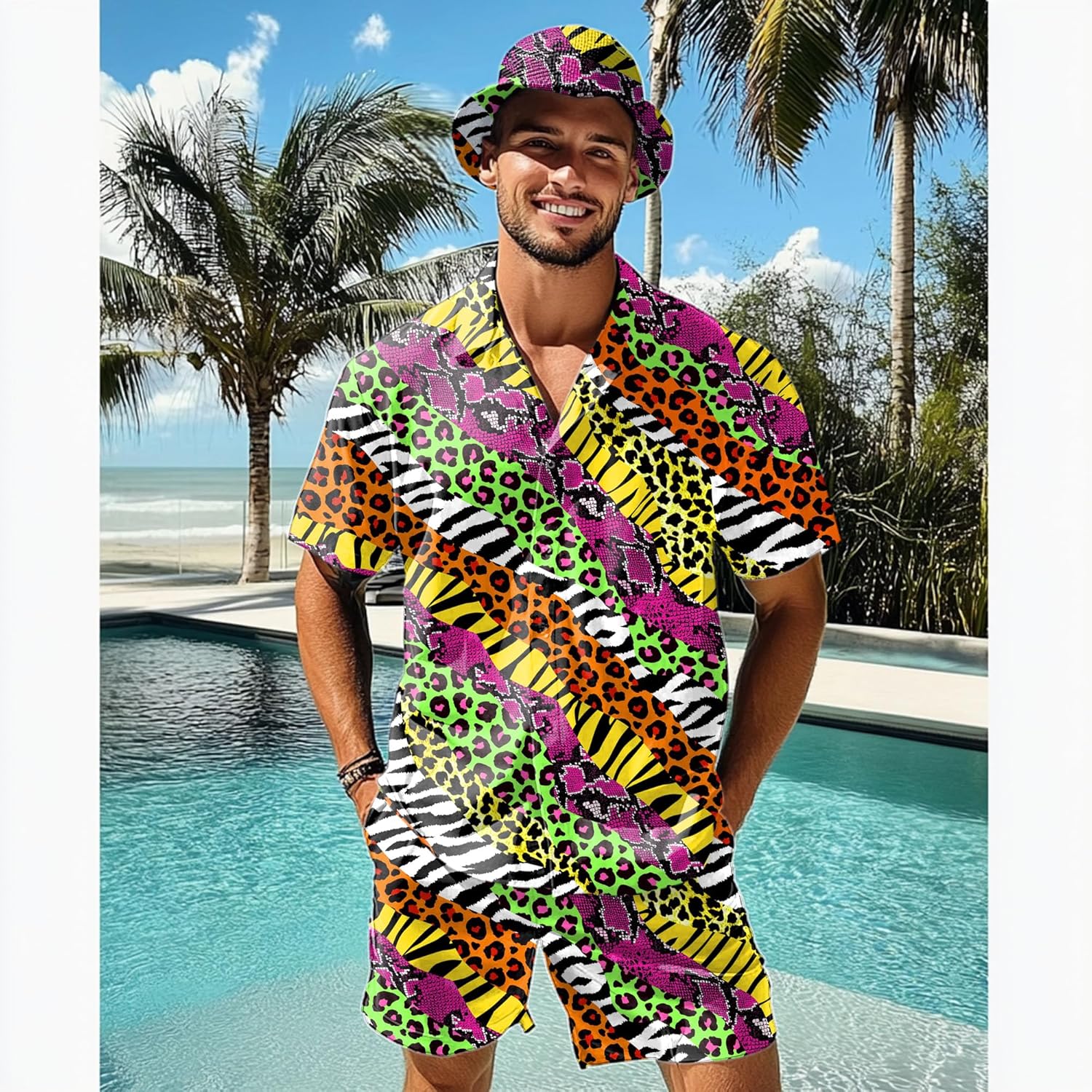 Men's 2 piece 80s 90s rave outfits for Men Hawaiian Shirts with a Bucket Hat