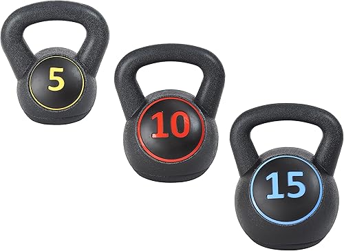 Signature Fitness Juego de pesas rusas de agarre ancho de 3 piezas, incluye 5 libras, 10 libras, 15 libras y 20 libras, juego de 3 o juego de 4
