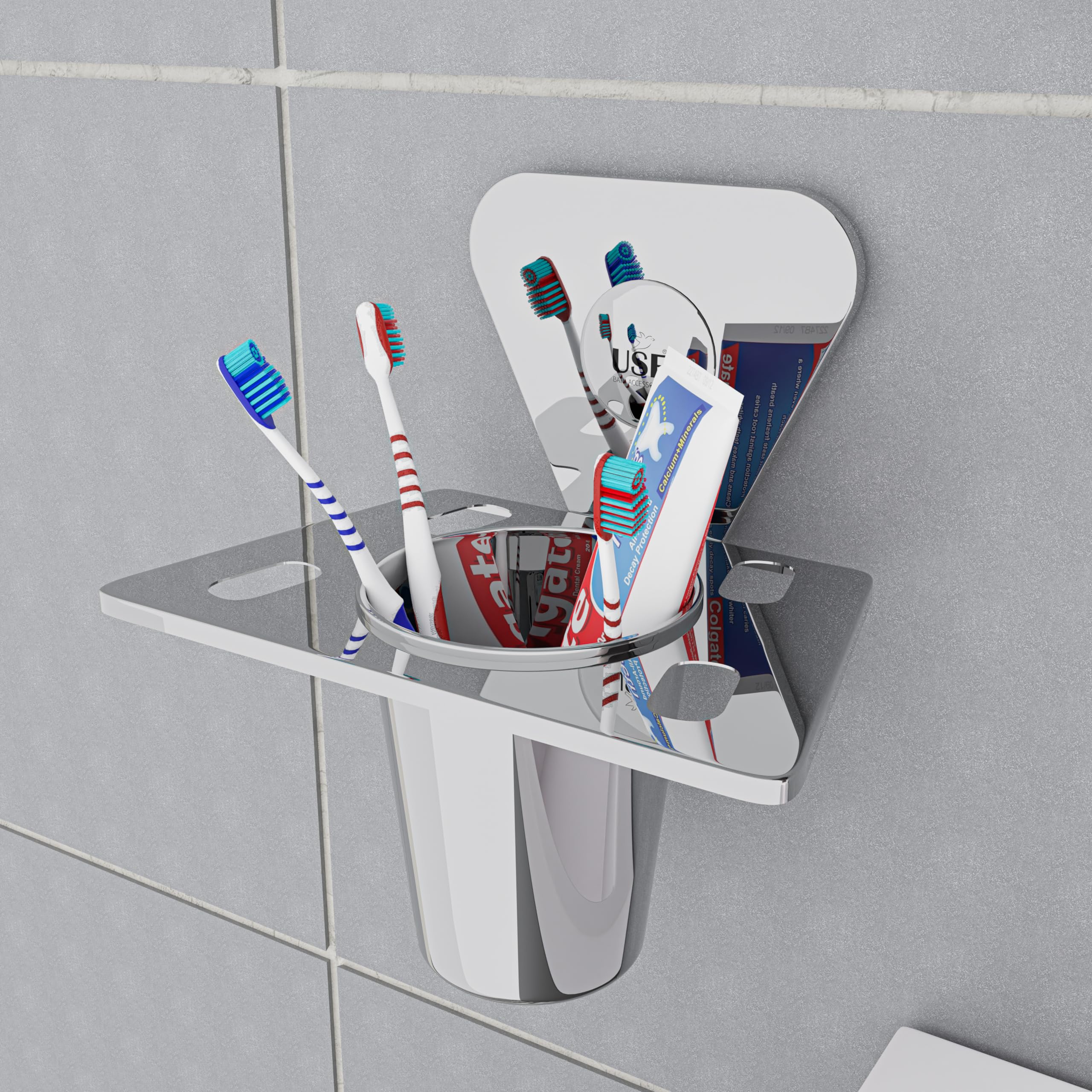USF Stainless Steel Tumbler Holder with Tumbler Stand, Wall Mounted Tumbler Stand for Brush & Toothpaste Storage, Easy Cleaning Access, 3 Years Warranty (Chrome, Pack of 1) - Pyramid 2