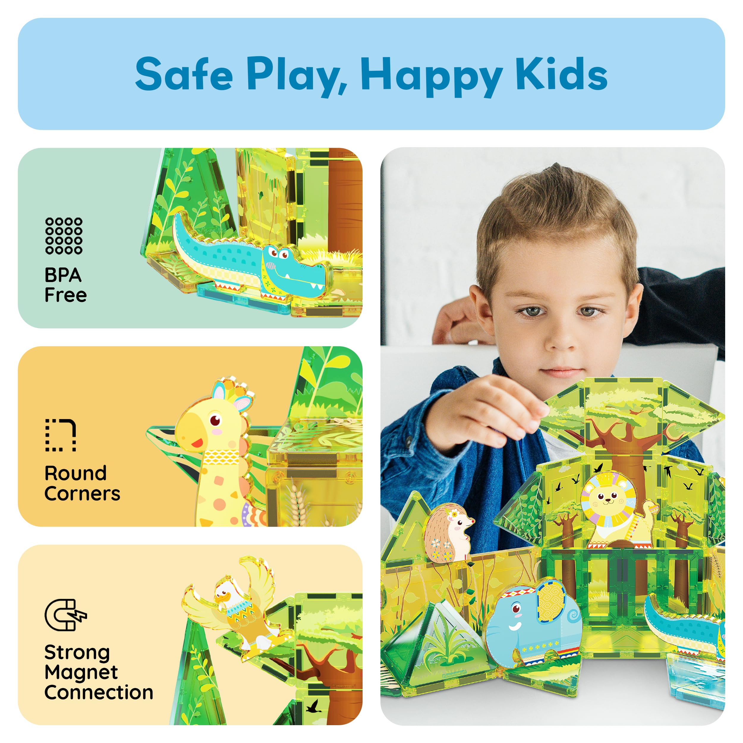 PicassoTiles Magnetyczny blok budowlany z motywem safari, zestaw 8 kompatybilnych magnetycznych figurek akcji zwierzęcych, klocki dla maluchów, kreatywne zabawki STEAM Educational Learning Skills Ages