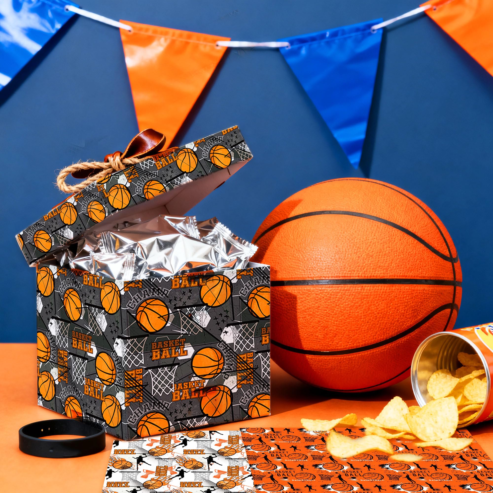 Roaring Good Time papel de regalo estampado baloncesto papel artesanal deportivo para cumpleaños y fiestas deportivas envoltura personalizada balones