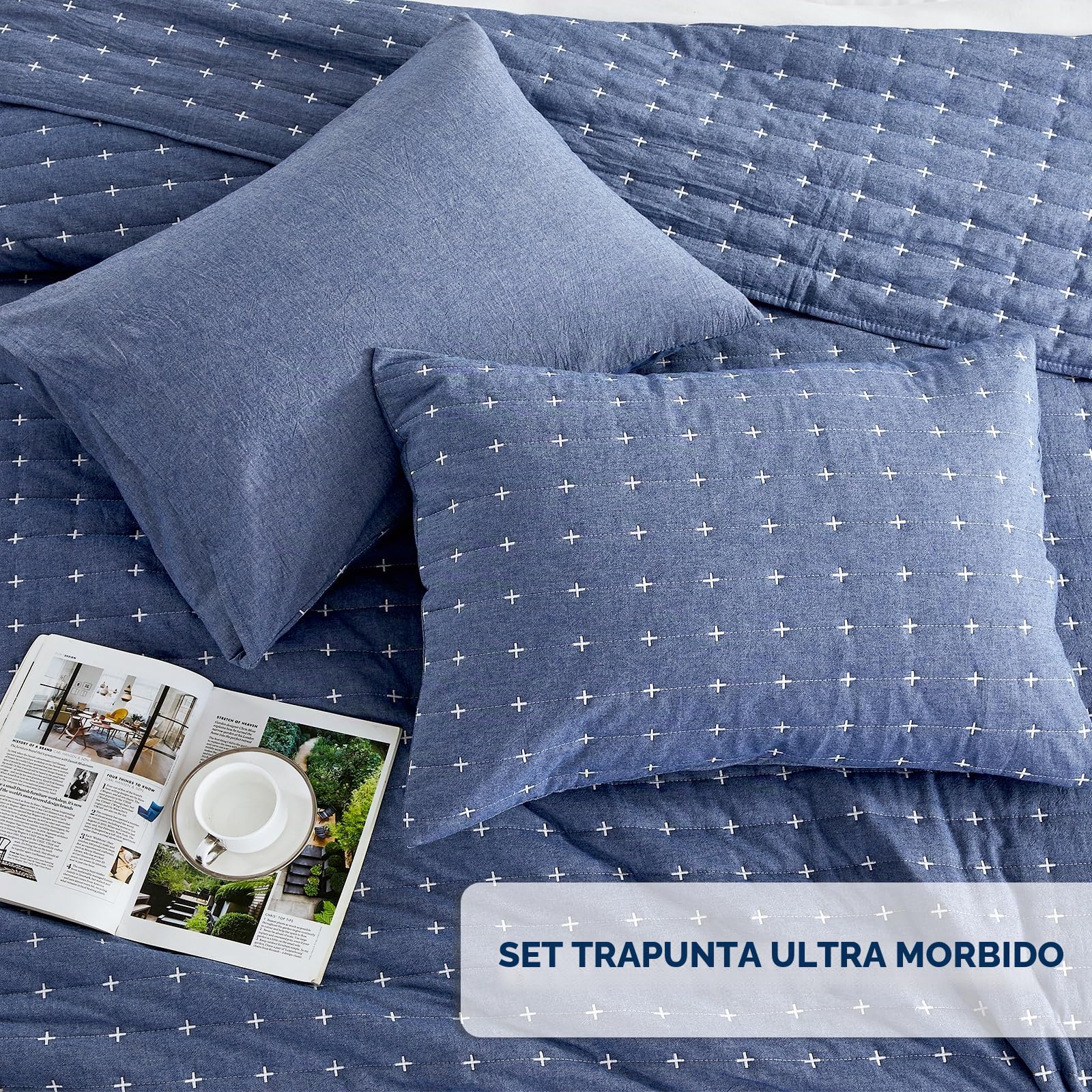 Qucover Copriletto Matrimoniale 240x260cm, Trapuntato Morbido e Confortevole, in Cotone Lavato, 3 Pezzi con Motivo a Punto Croce Moderno, Estivo Trapuntato con Federe Blu