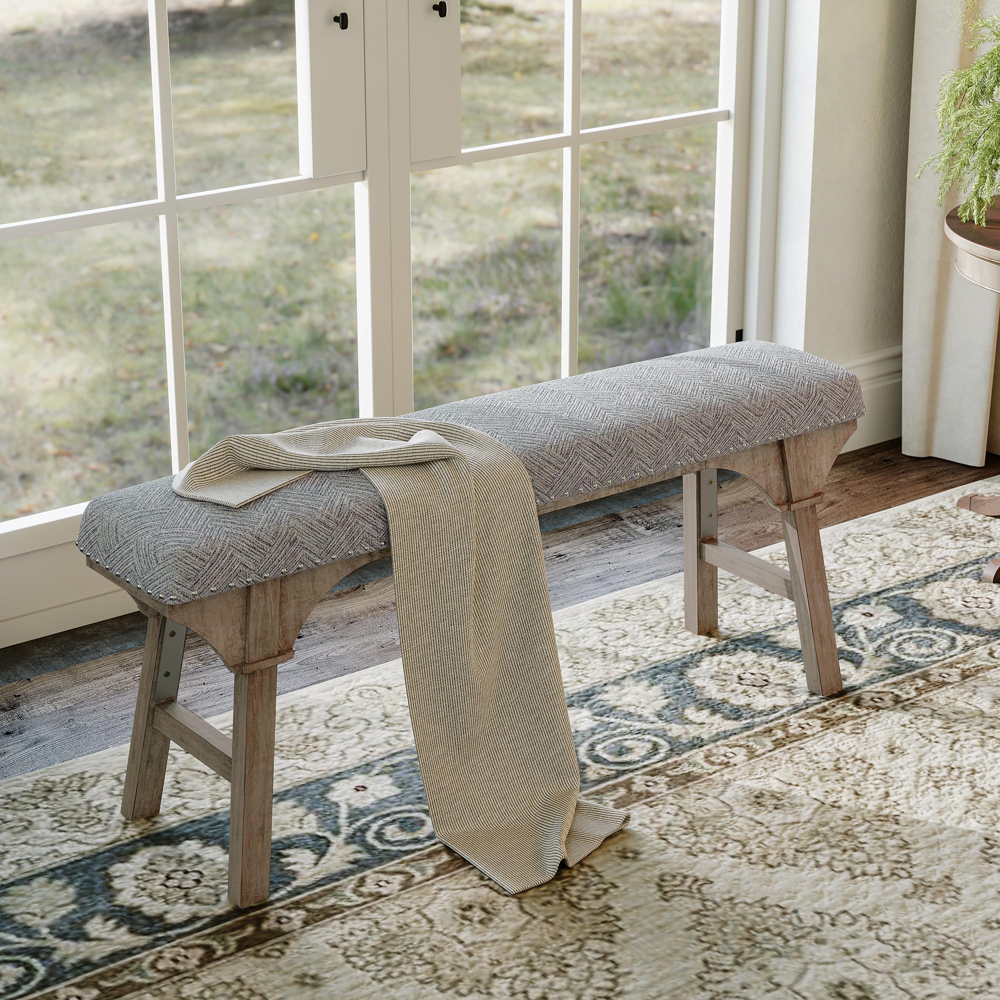 44'' Upholstered Entryway Bench, Vintage Linen Texture End of Bed Bench with Solid Wood Legs, 300 LBS Weight Hallway Shoe Storage Benchs for Kitchen, Living Room, Gray