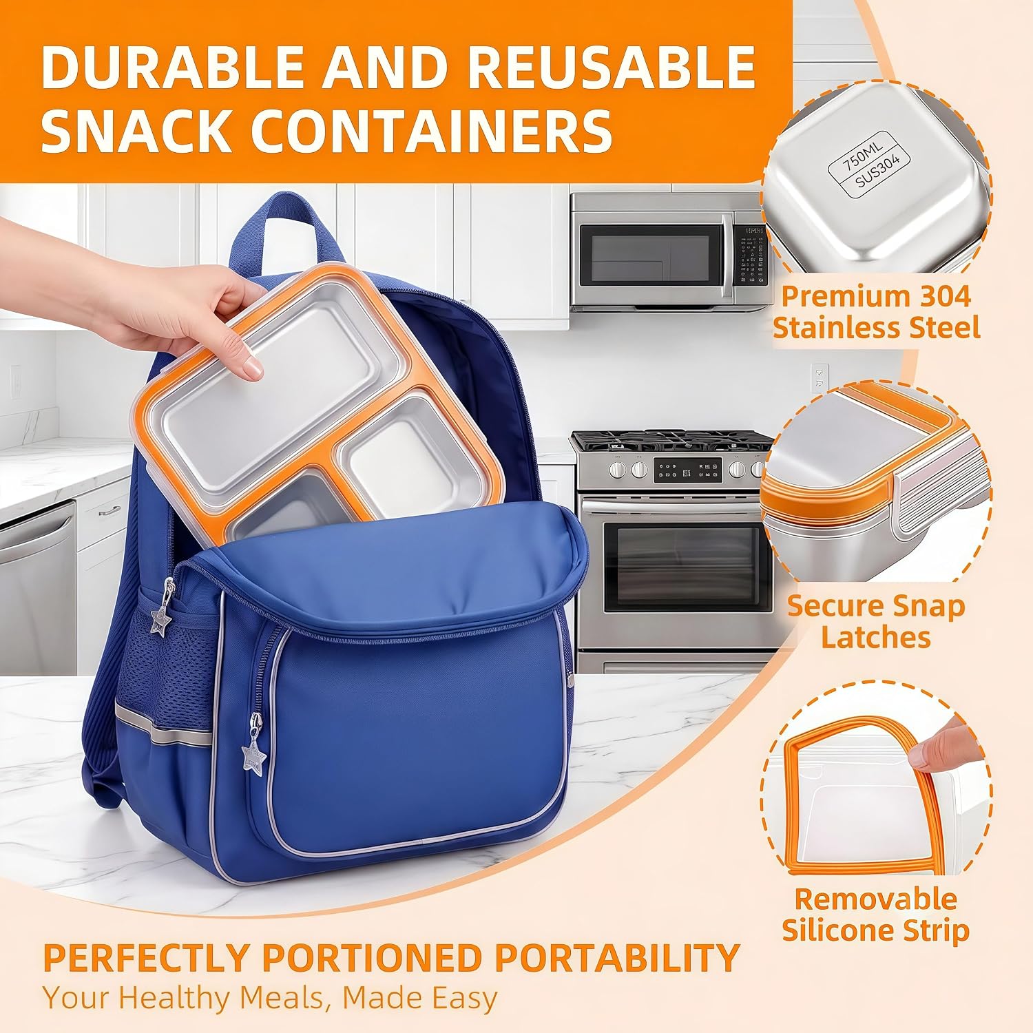 Stainless Steel Snack Containers with Lids 4 Pack, Stackable 3 Compartment Meal Prep Bento Box, Food & Snack Storage for Work, Fitness & Road Trips image 3
