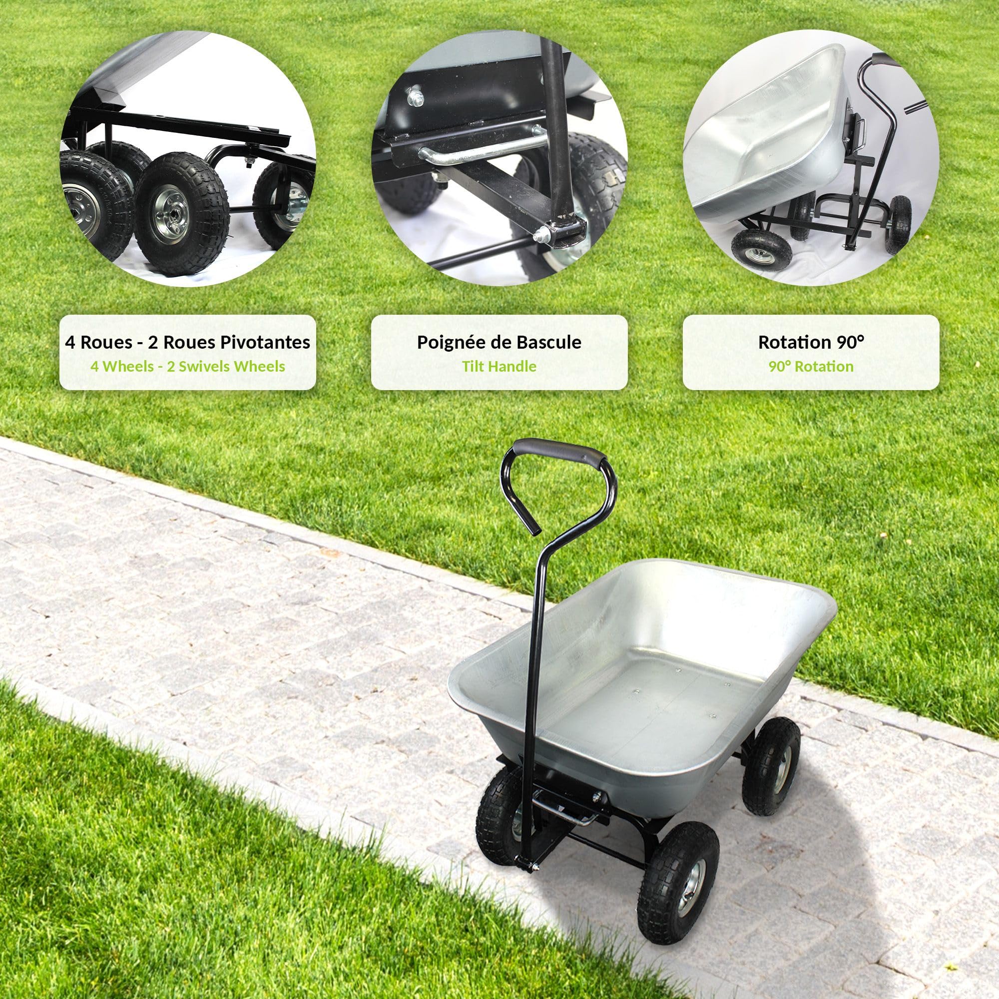 Carrello Manuale da Giardino 75L - Rimorchio Carriola contenitore ribaltabile 4 ruote gonfiabili Ø 260 mm - Capacità di carico max 250 KG - Manico lungo - 86 x 60,5 CM - Metallo Galvanizzato