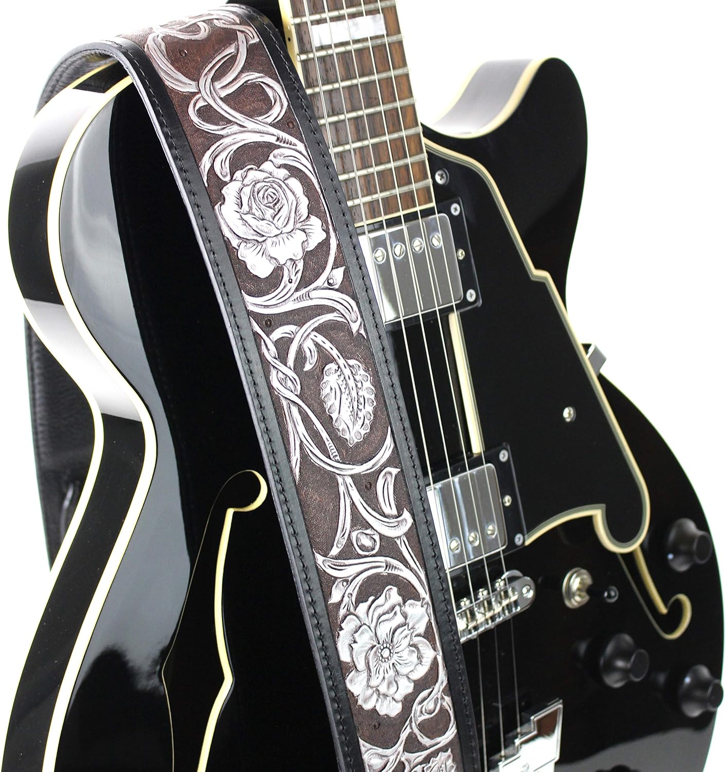 Walker And Williams LHR-17-SIL Handmade Premium Black Carved Leather Guitar Strap With Silver On Bourbon Brown Western Floral Carving For Acoustic, Electric, And Bass Guitars