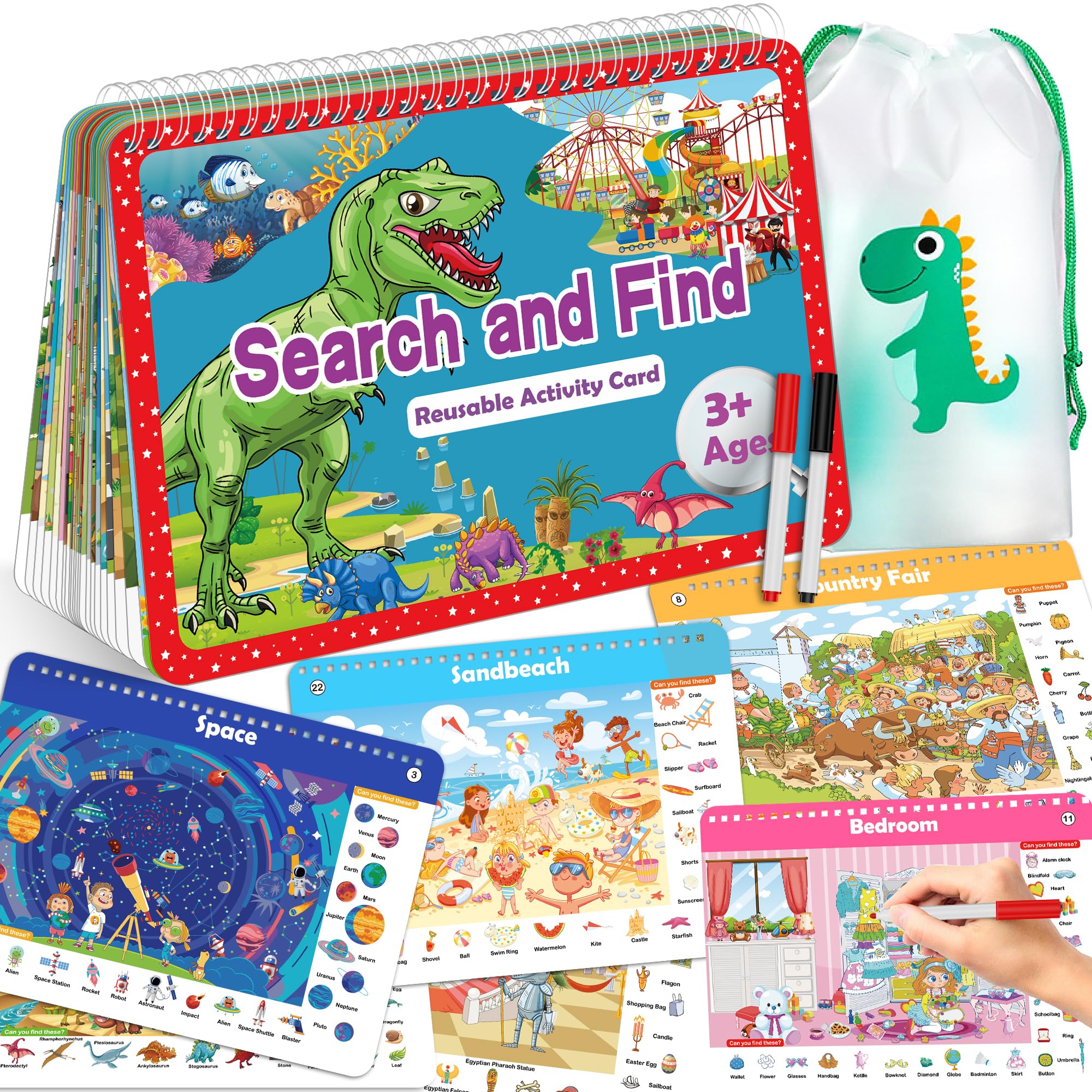 ElfewSearch and Find Book for Kids Ages 4-6,3-8, Reusable Activity Mats with 2 Dry Erase Markers 24 Themes Activity Book, Educational Toys for 3+ Year Old, Spot it Games, Gifts for Girls and Boys