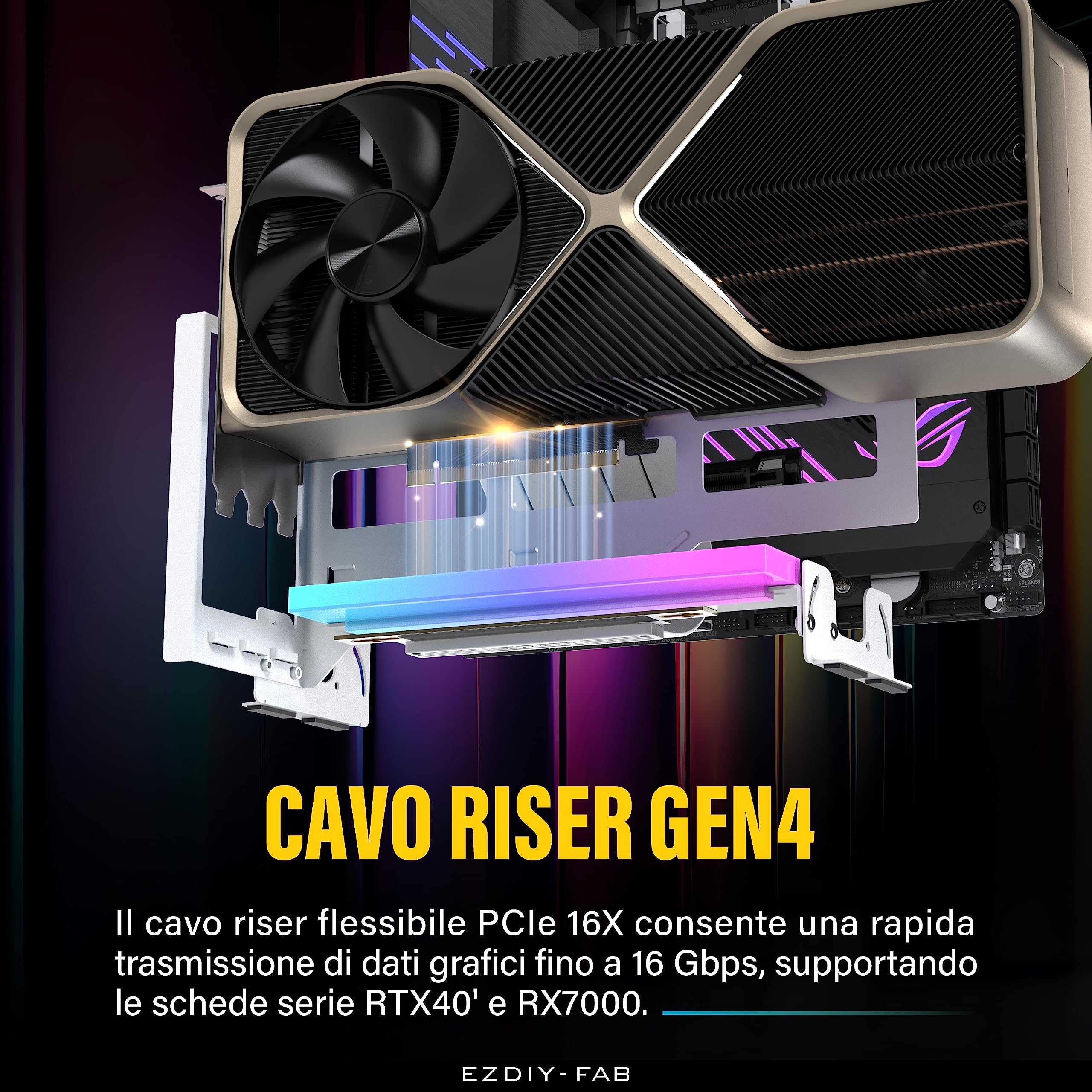 Staffa Verticale Per GPU EZDIY-FAB – Con Cavo Riser PCIe 4.0, LED ARGB, Regolazione Angolo E Magneti, Compatibile Con RTX 4090/4080/4070 Ti