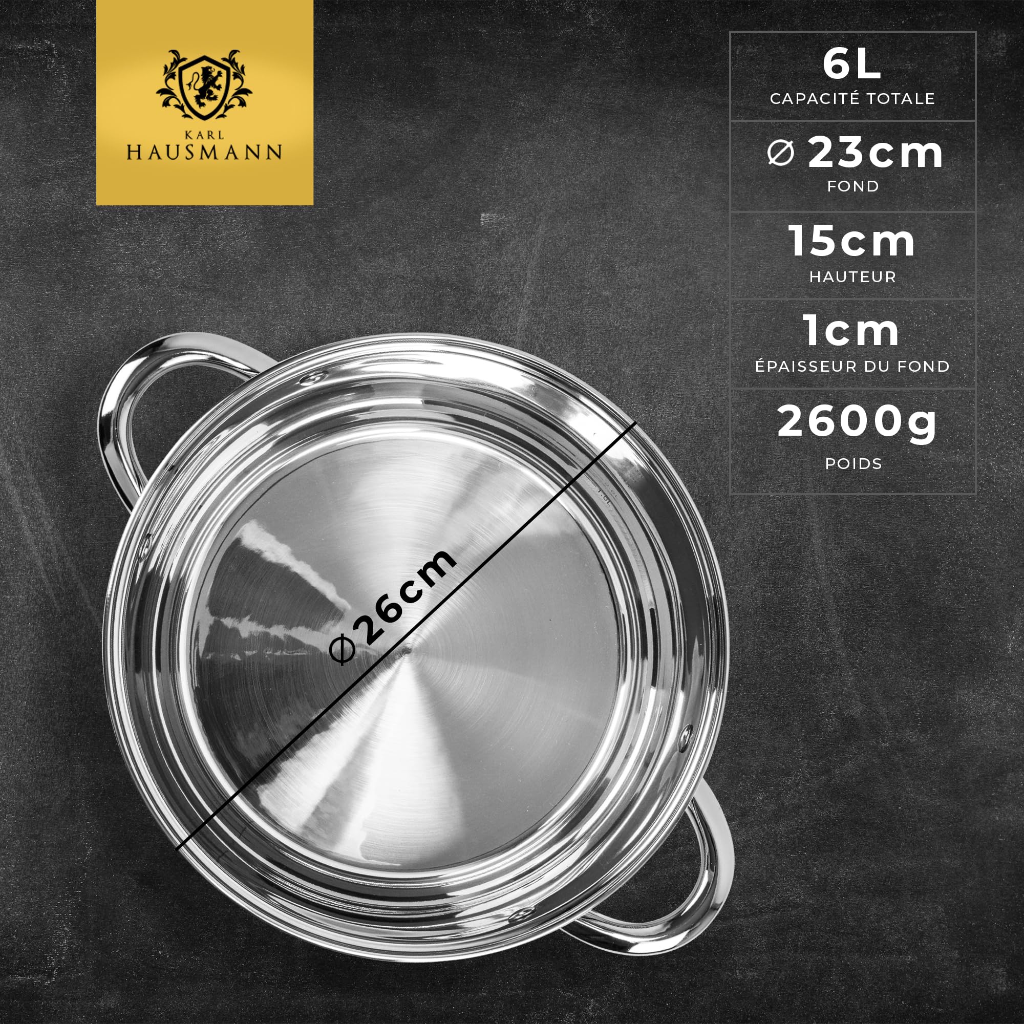 KARL HAUSMANN Faitout Inox 26 cm 6L avec Couvercle en Verre - Compatible Induction, Fond 3 Couches pour une Diffusion Uniforme de la Chaleur, avec Graduation Intérieure, Tous Feux