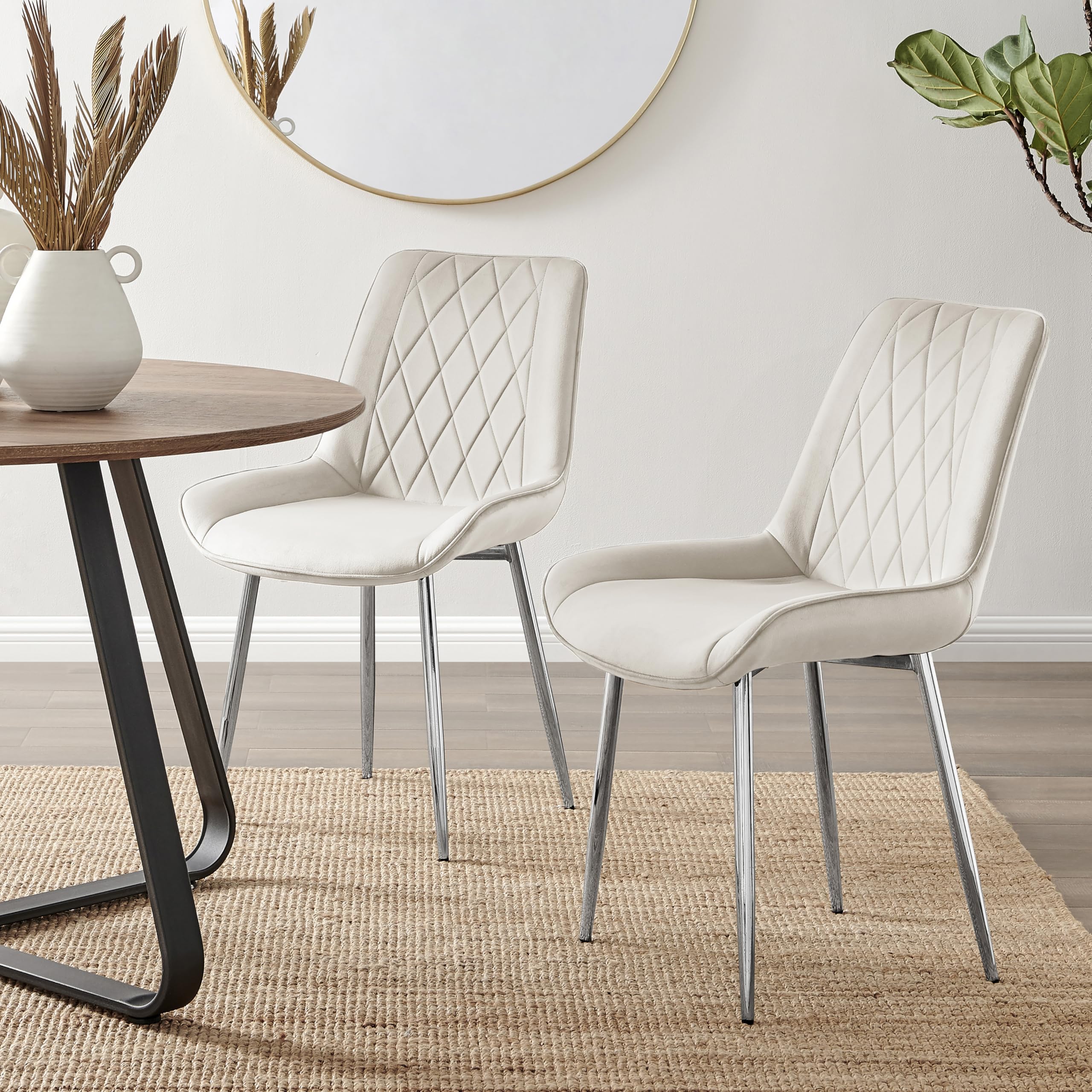 Furniturebox UK 2x Pesaro Cream Velvet Silver Chrome Metal Leg Modern Contemporary Luxury Dining Kitchen Chairs