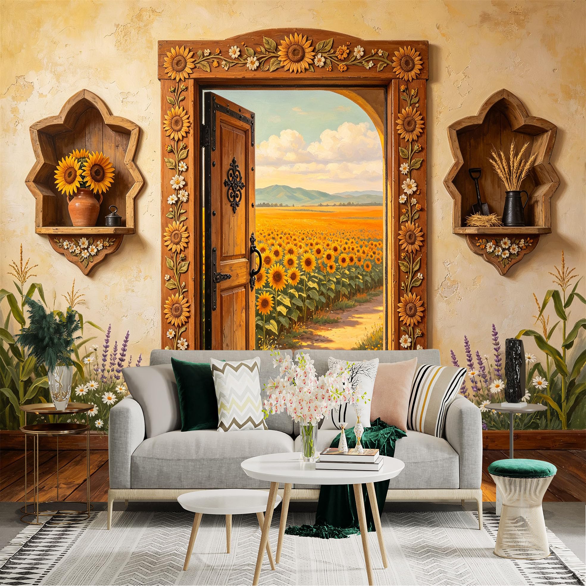 Lnzczhyre Bh260719051 Custom Size Wall Sticker Mural， Rustic Sunflower Field View， Open Wooden Doorway， Countryside Scenery， Floral Home Decor， For Wall Decoration， Peelandstick Wall Decals.