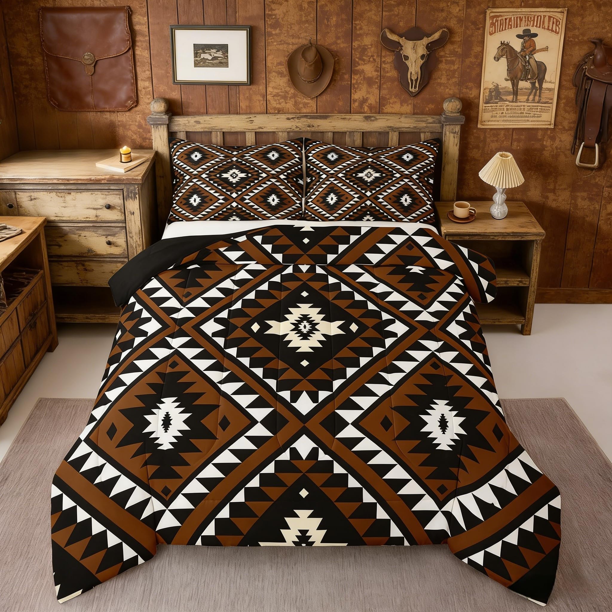 Rustic Western Full Size Comforter Set For Men,Southwestern Aztec Bedding Set Bohemian Quilt Comforter Ethnic Mexican Geometric Diamond Duvet Insert