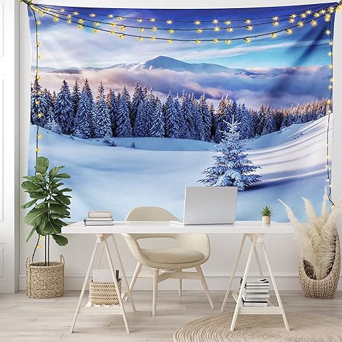 Miniatura 6 de Ambesonne Tapiz de invierno, paisaje surrealista de temporada fría, picos de alta montaña y pinos nevados de coníferas, colgante de pared ancho para