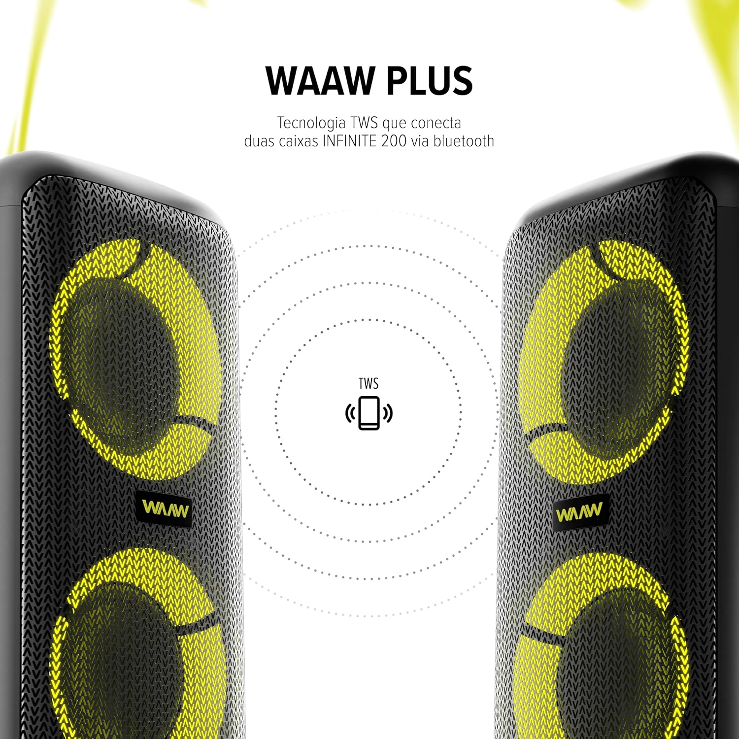 WAAW by ALOK Caixa de Som INFINITE 200 Bluetooth, Tipo Torre, 4 Alto-Falantes com LED's Dinâmicos, TWS, 160W RMS
