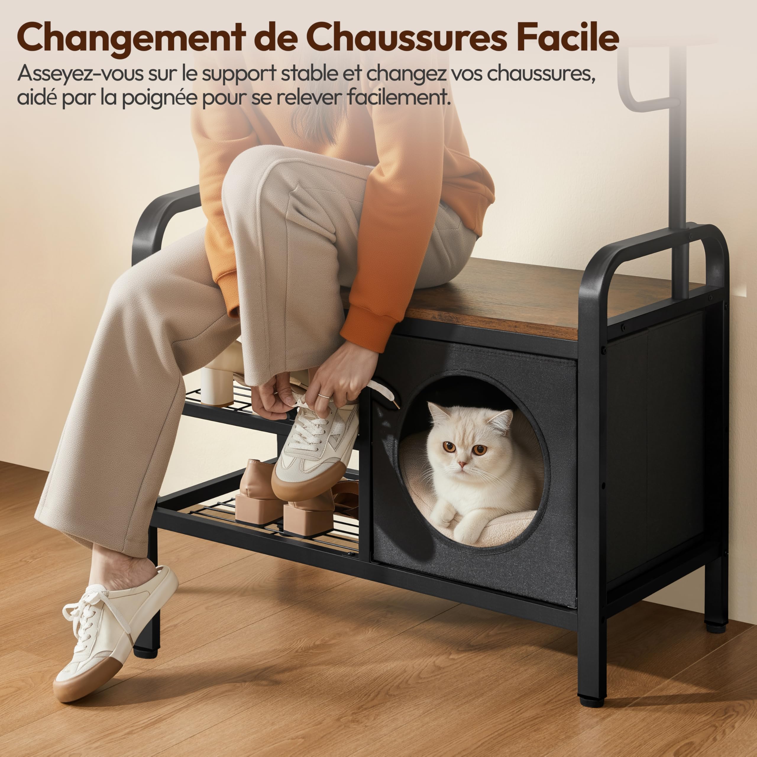 Yaheetech Porte-manteau avec Étagère à Chaussures, Meuble d’Entrée avec Banc, Crochets, Étagère et Niche Chat, 109 x 41,5 cm x 183,5 cm, Style Industriel Chat-Humain, pour Entrée, Couloir, Chambre | Meuble d'entrée peu encombrant | Banc à chaussures et cr