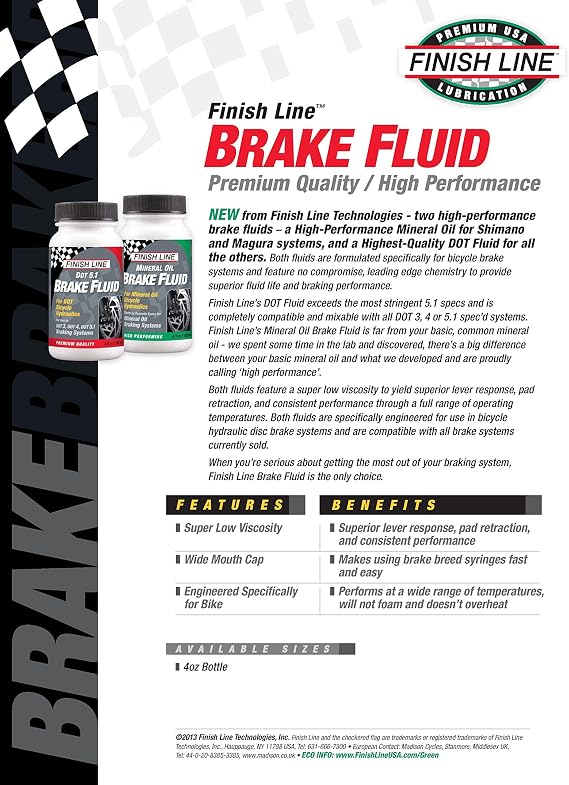Finish Line High Performance DOT 5.1 Bicycle Brake Fluid Premium Low Viscosity Hydraulic Disc Brake Fluid for Superior Lever Response and Consistent Performance 4oz Bottle | bike-oils