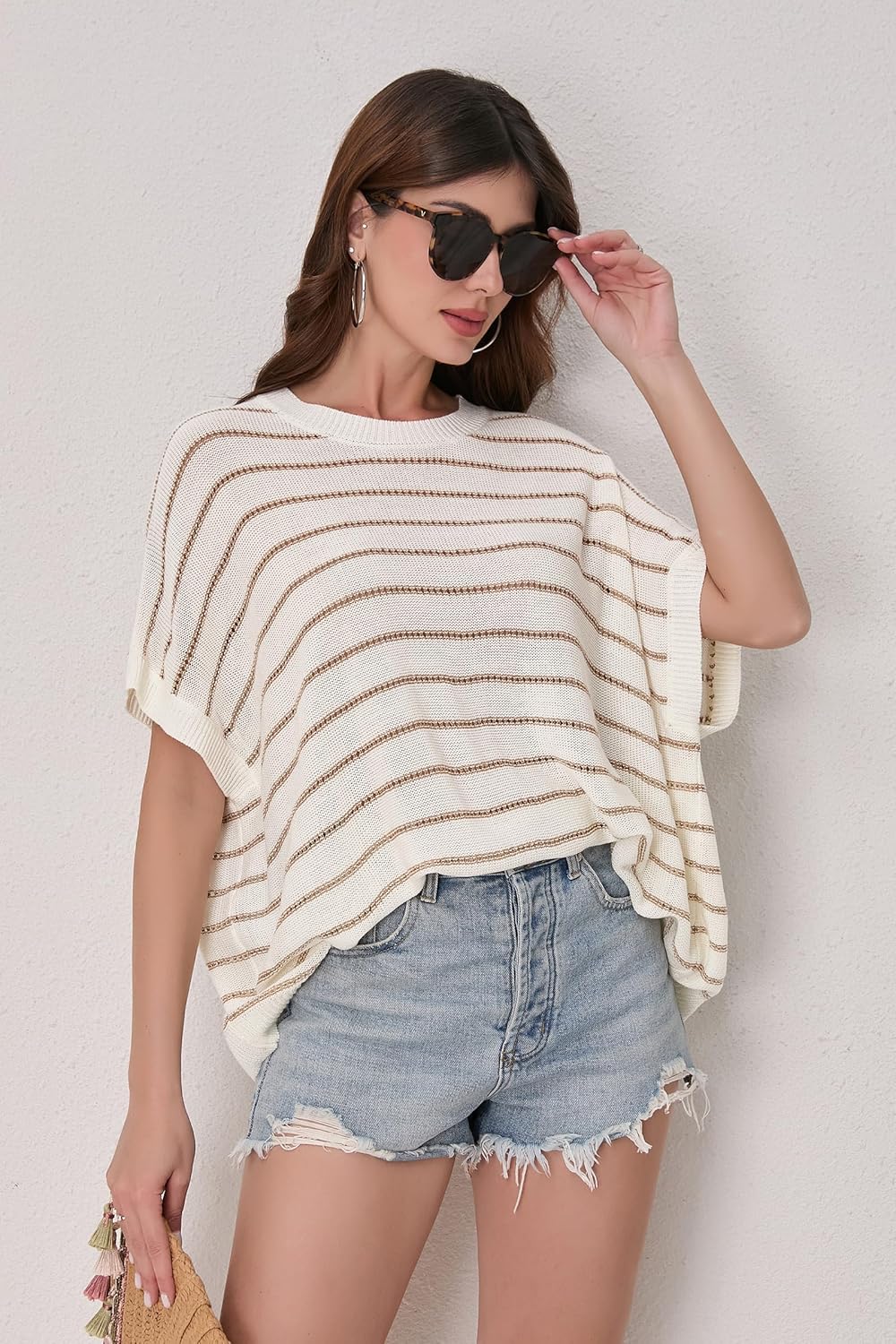 Short Sleeve Sweaters for Women 2026 Summer Casual Striped Cap Sleeve Tops Lightweight Hollow Out Knit Sweater Vest - Image 3