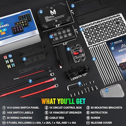 Miniatura 7 de MICTUNING P1s RGB 5 pulgadas 8 Gang Switch Panel, alta potencia 6 niveles de brillo multifunción flash palanca estroboscópica momentánea control de