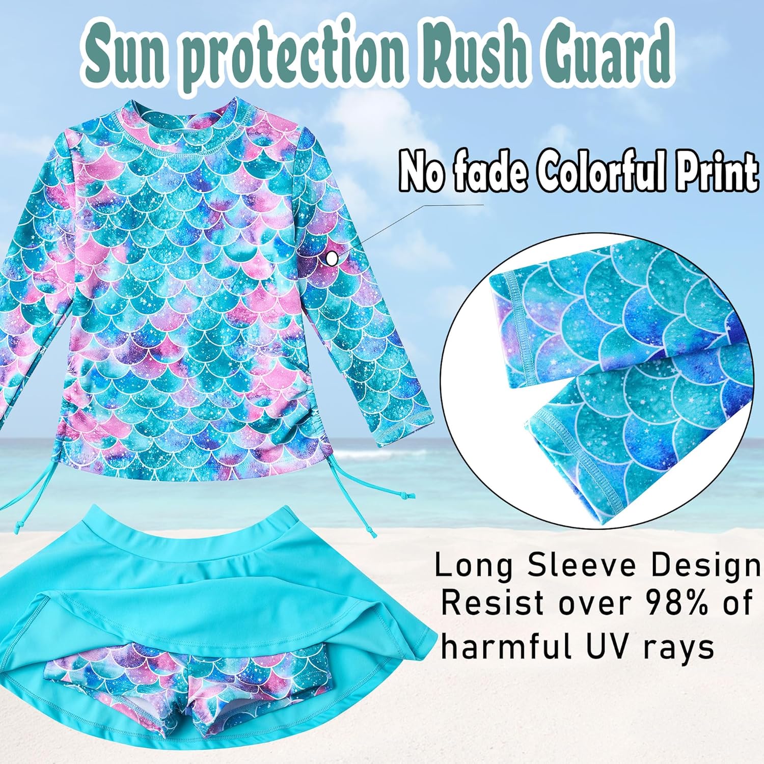 swimsobo Girls Swimsuit Rash Guard Long Sleeve Bathing Suit Two Piece Swimwear Swimming Skirt with Shorts 3-12T - Image 6