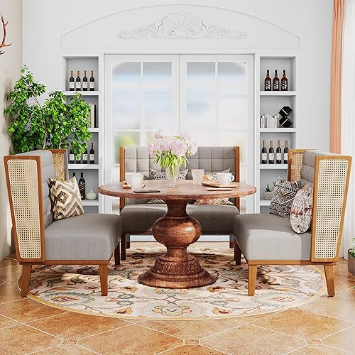 Miniatura 8 de Andeworld Banco de sofá biplaza con brazos de ratán, mini sofá tapizado moderno con respaldo alto, banco de comedor de banqueta para sala de estar,