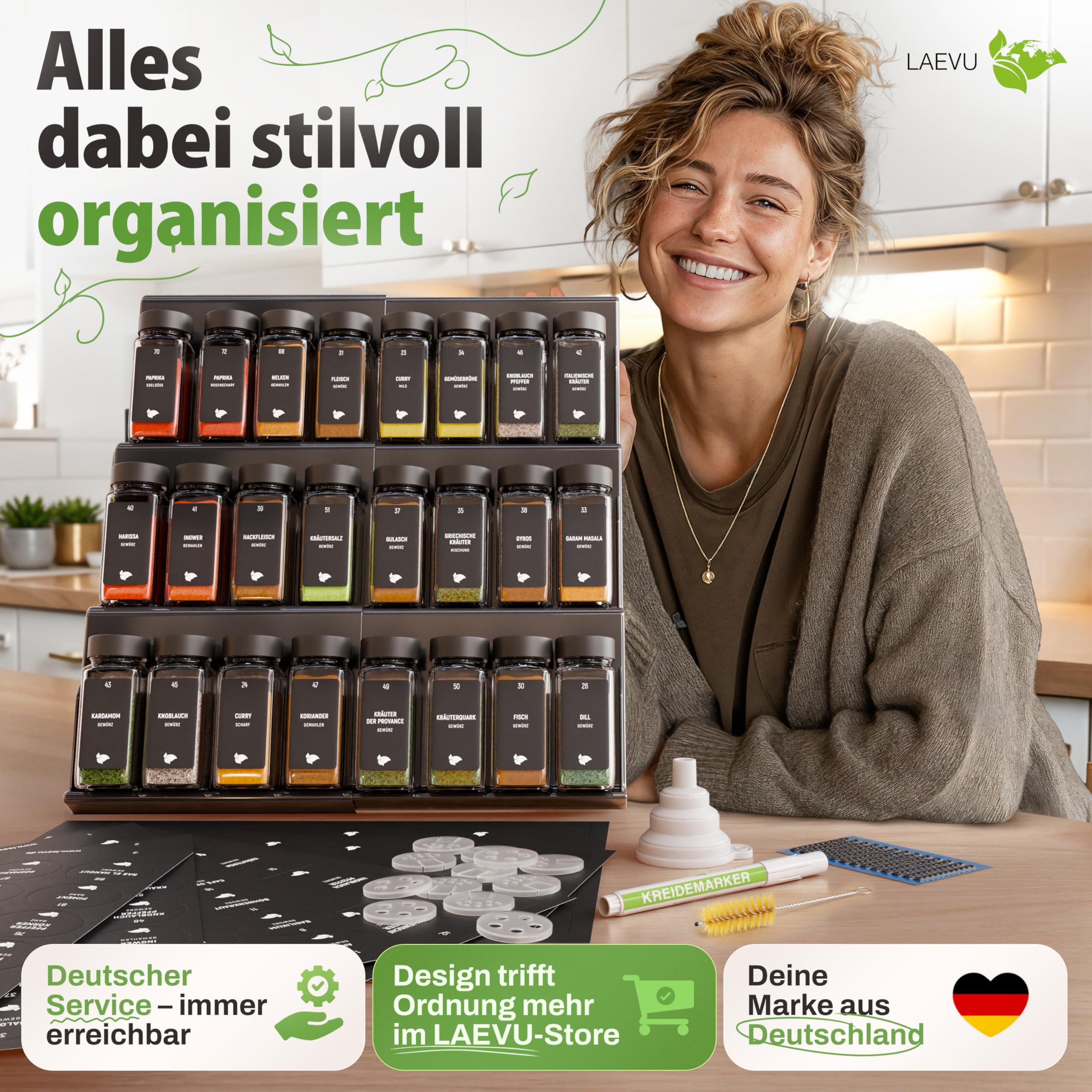 LAEVU Gewürzregal Schublade mit Gläsern | Gewürz Organizer Schublade inkl. 24 Gewürzgläsern Eckig mit schwarzem Deckel | Etiketten für Gewürze & mehr | Ausziehbarer Gewürzeinsatz für deine Schublade