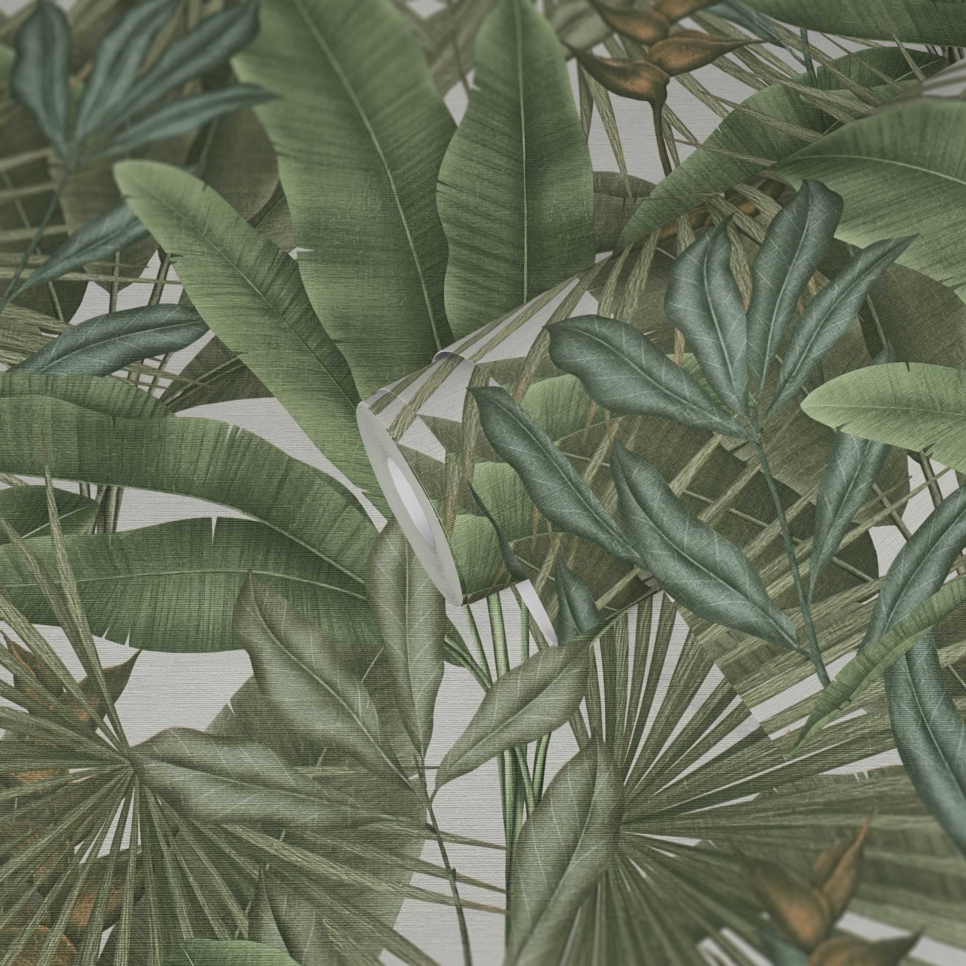 Livingwalls Jungle Papier peint 396472 en vert, crème - papier peint à l'aspect de la jungle - floral avec des feuilles de palmier -de haute qualité sur 10,05m x 0,53m