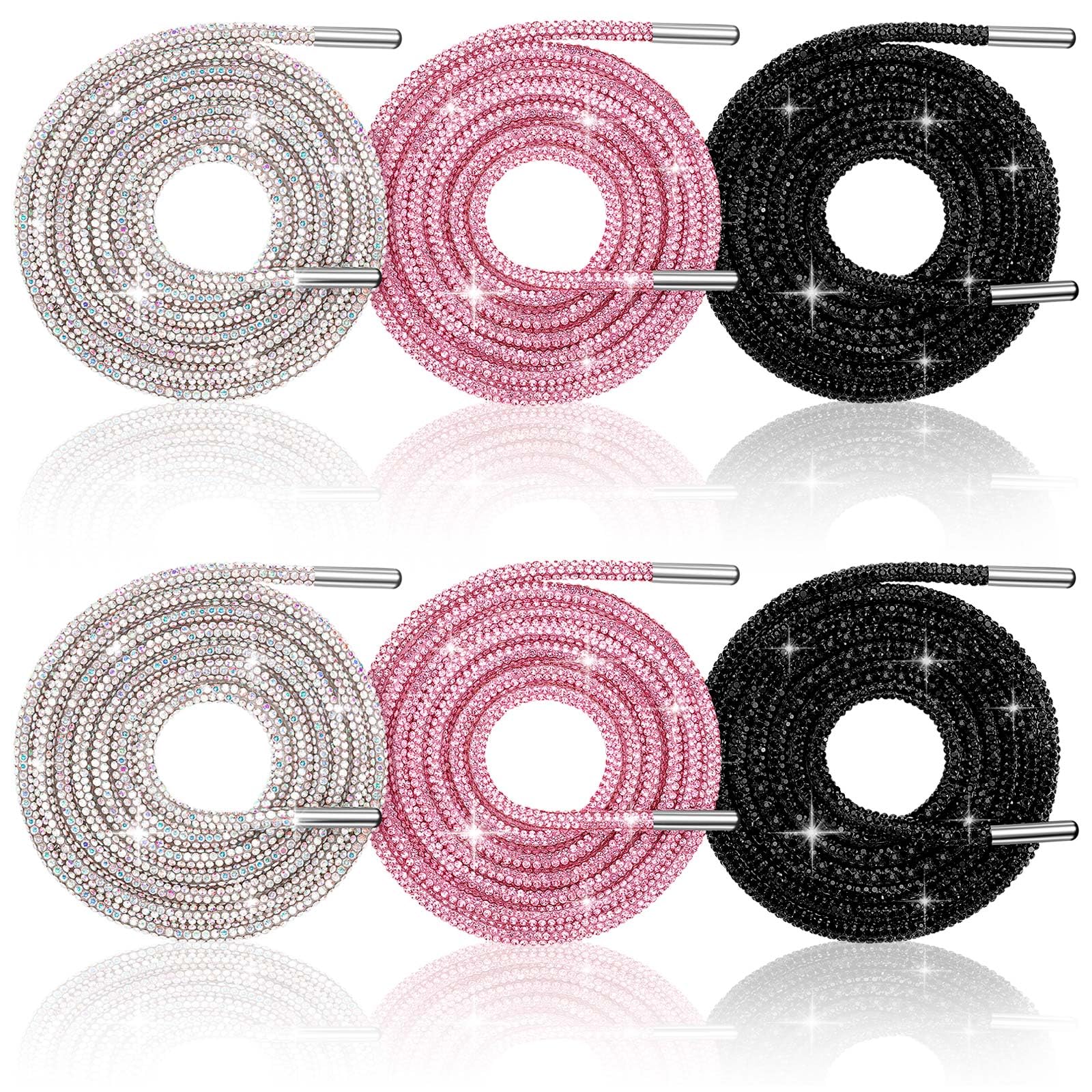 CLESDFBling Rhinestone Shoe Laces, 6Pcs Round Sweatshirt Drawstring Replacement in 3 Colors, Crystal Glitter Rope for Sneakers Pants Shorts