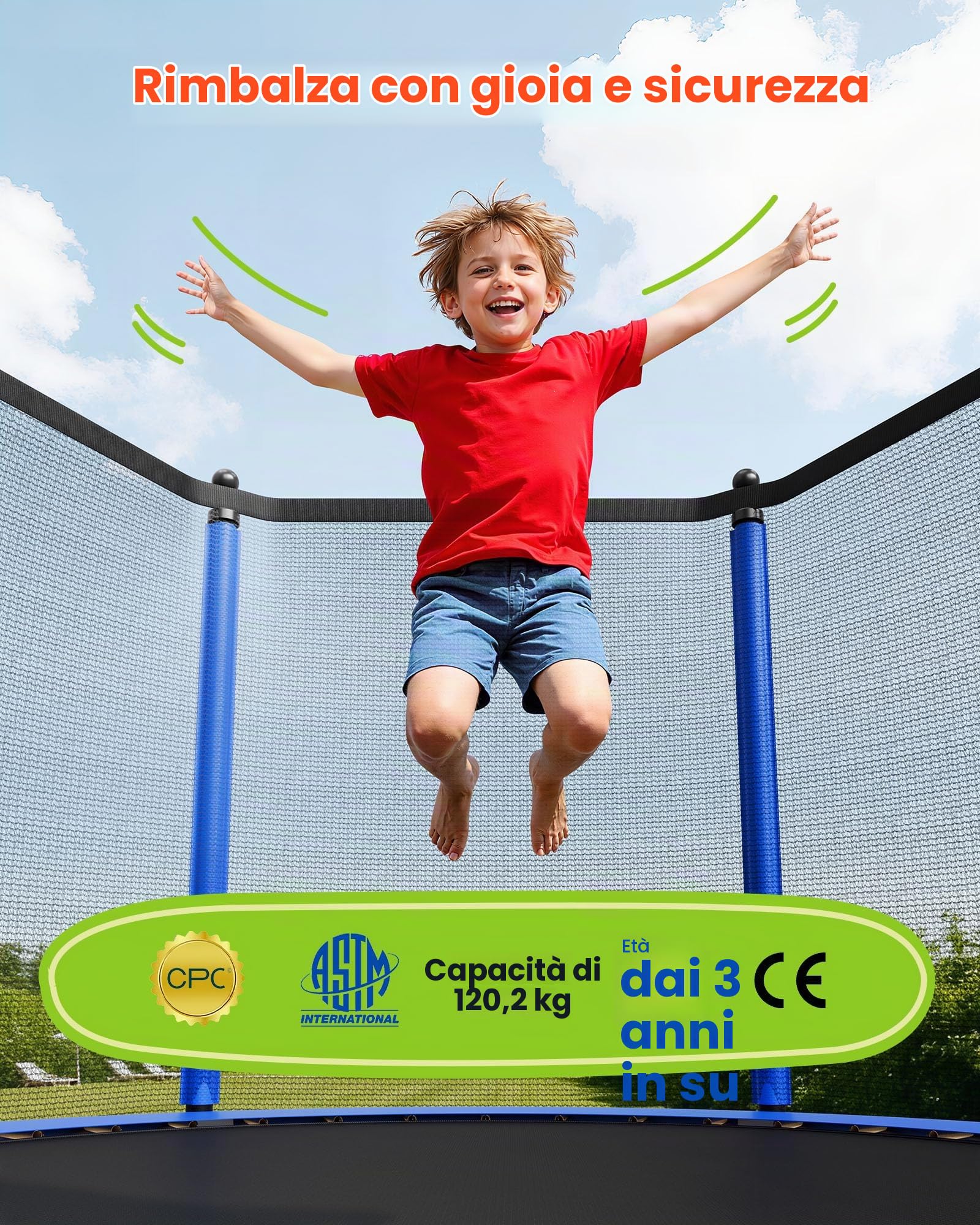 VEVOR Trampolino da Esterno 244 x 244 cm con Rete di Sicurezza e Telaio in Acciaio, Omologato ASTM, per Carichi Pesanti, Capacità Massima di 120 kg, Trampolino da Giardino per Bambini