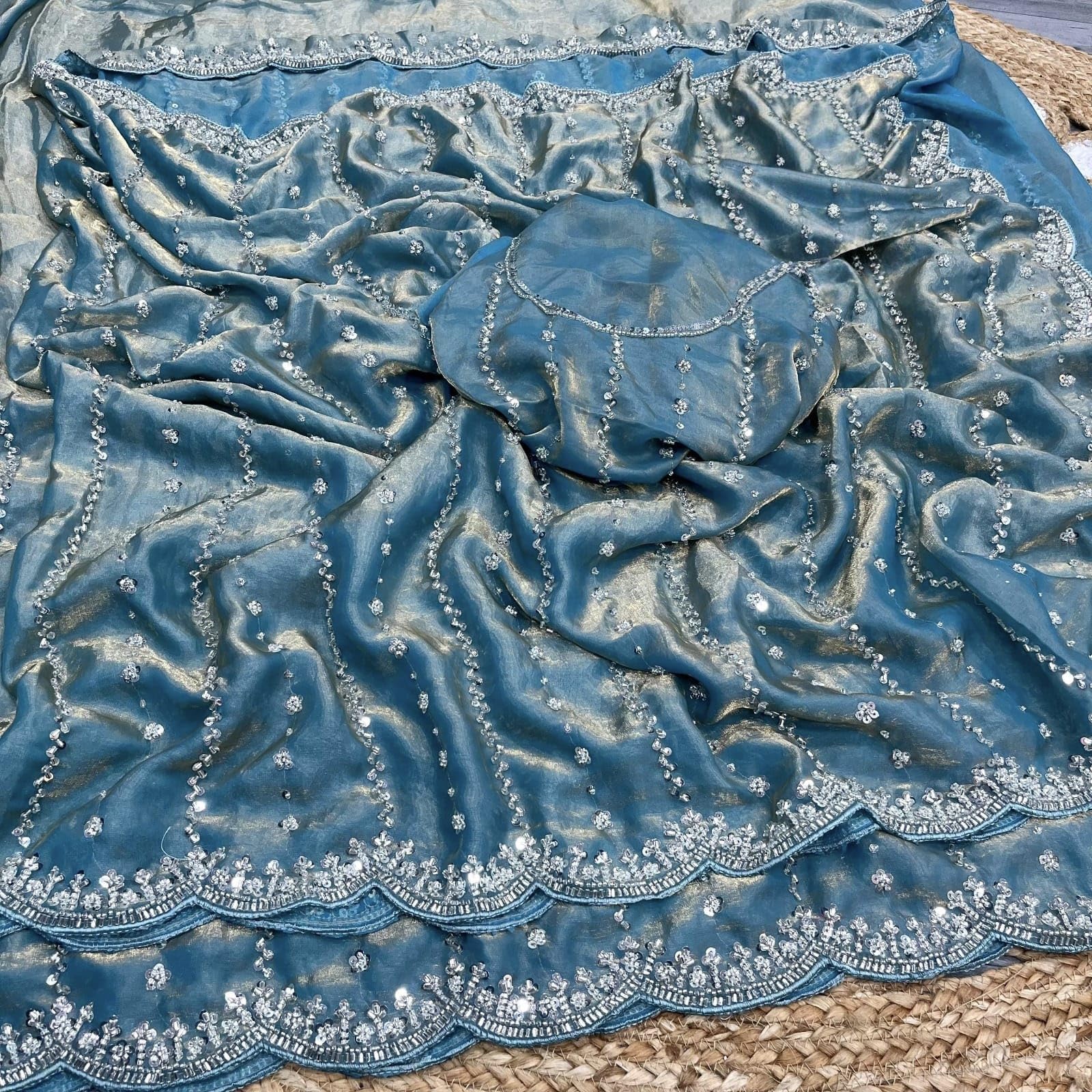 Pure Fandy Satin Silk Saree with Beautiful Original Beeda Work & Cut Work Border for Women | Designer Saree (Skay)