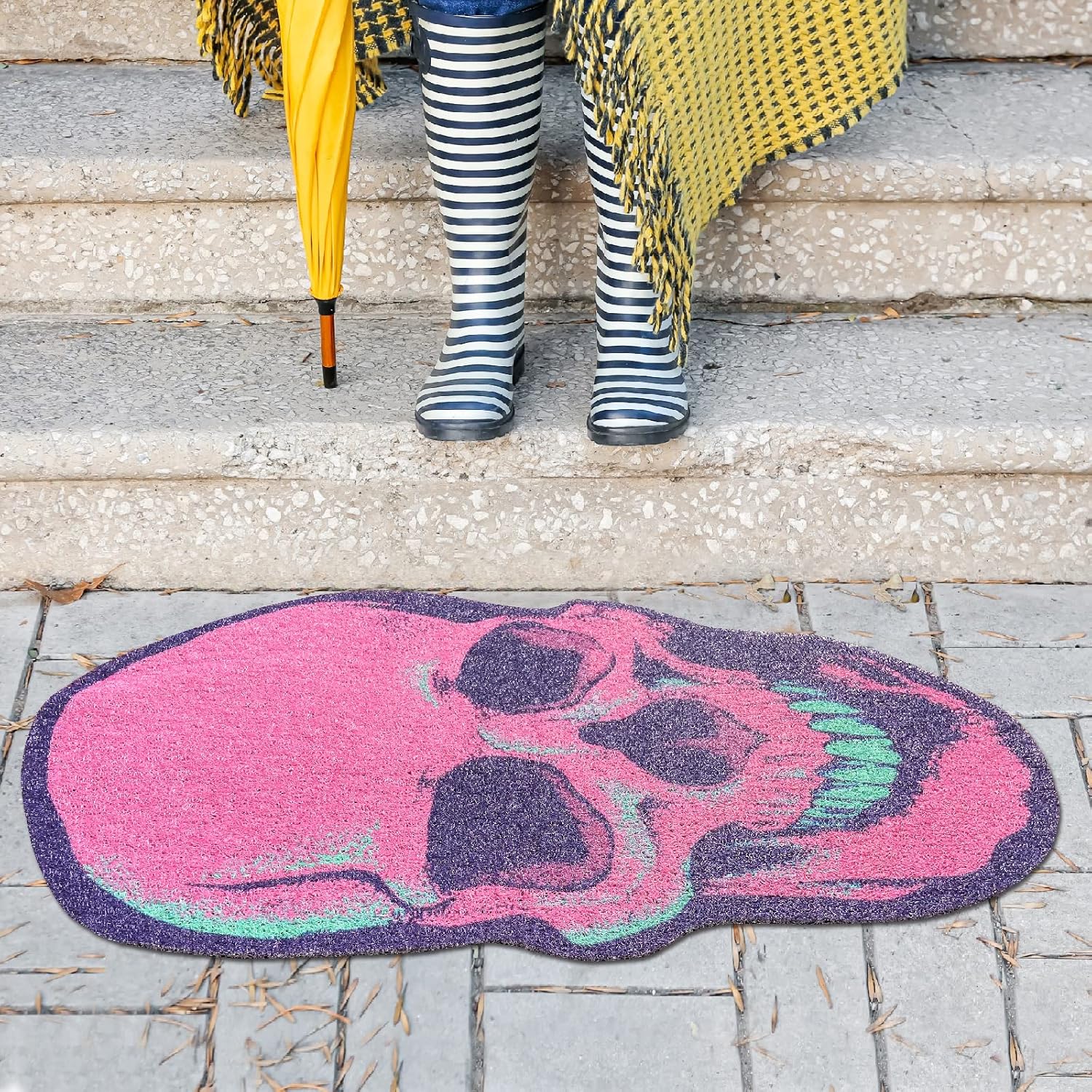 Pink Skull Front Door Mat Indoor Outdoor Doormat,Non-Slip Silk Loop Carpet,Rug for Entryway, Home Entrance, Patio, High Traffic Areas 32"X20"