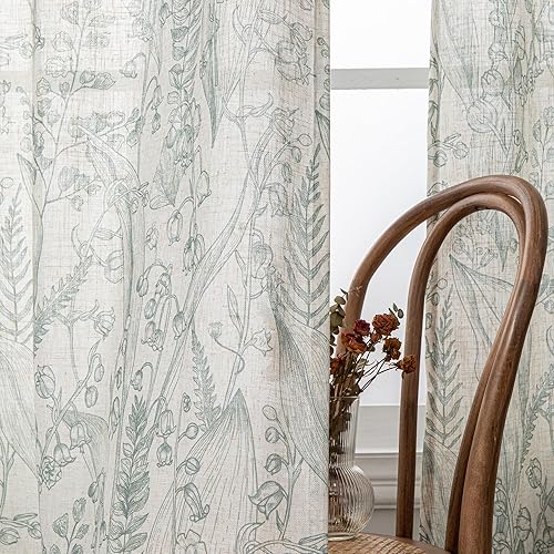 Miniatura 8 de Cortinas florales verde salvia de 84 pulgadas de largo, juego de 2 paneles para sala de estar, cortinas de puerta con estampado texturizado de lino,