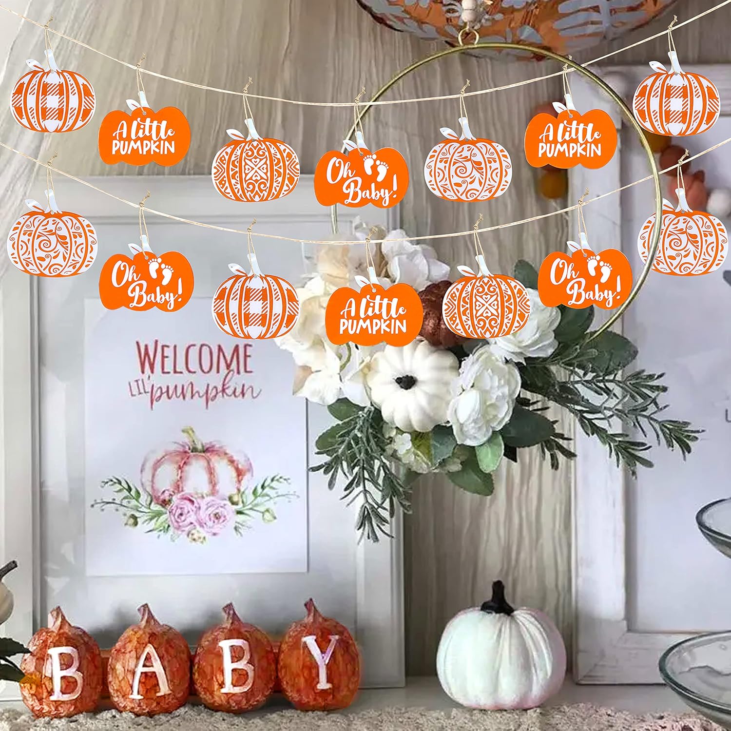 15 Pcs Little Pumpkin Acrylic Ornaments Oh Baby Pumpkin Orange Hanging Ornament Pendant Garland Banner for Fall Autumn Thanksgiving Halloween Theme Baby shower Gender Reveal Party Decorations Supplies : Home & Kitchen