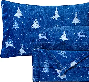 Elegant Comfort Luxuriously Soft 4-Piece Holiday Velvet Plush Flannel Sheet Set - Premium Quality - Cozy Warm, Christmas Fuzzy Velvet Flannel Fleece Deep Pocket Sheet Set - King, Arctic Blue Christmas