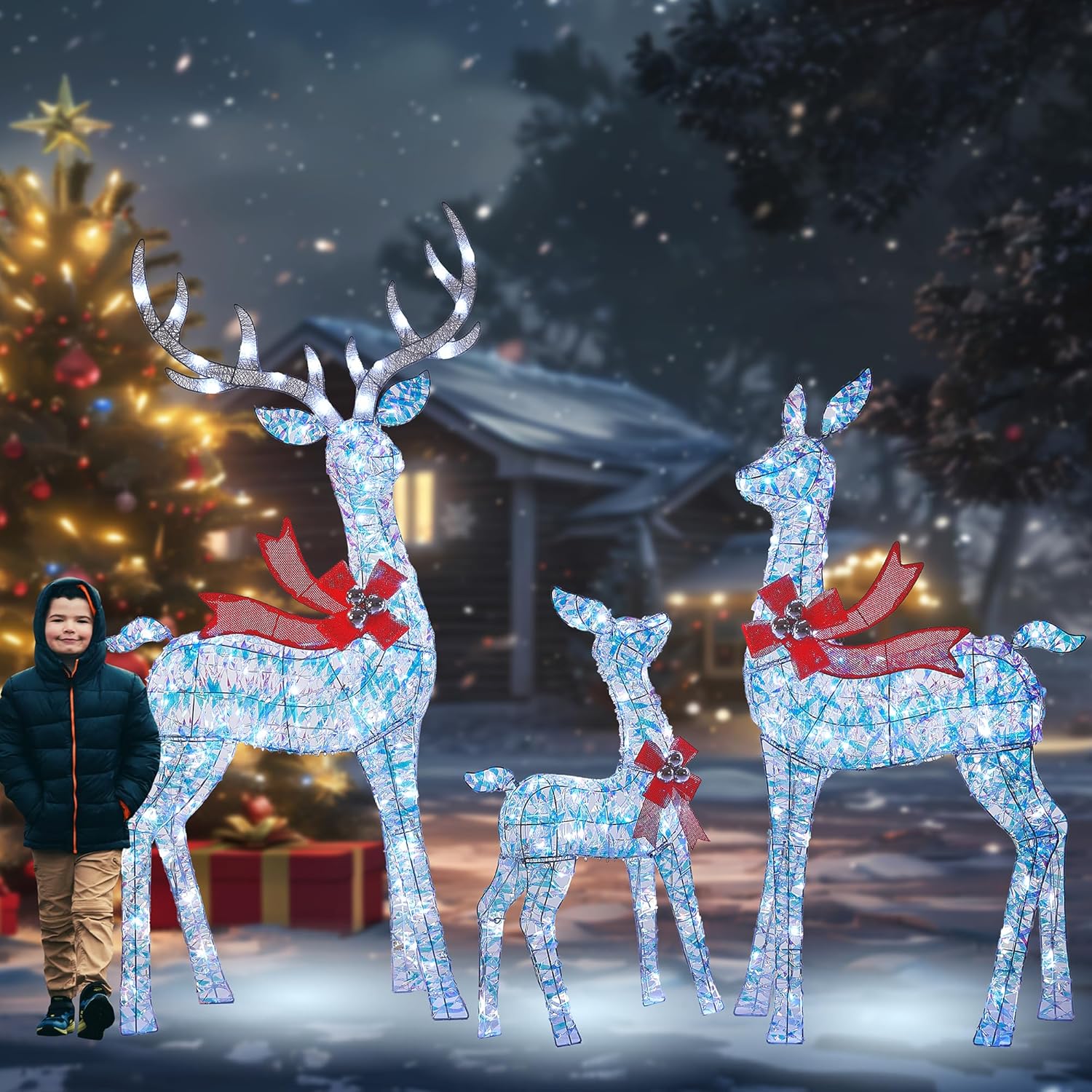 58 Inch 3D Colorful Large Lighted Christmas Deer Decorations 3-Piece Outdoor Holiday Decorations Reindeer Set with 210 Warm White LEDs, Large Yard Display for Garden, Storefront SDL-3D-006